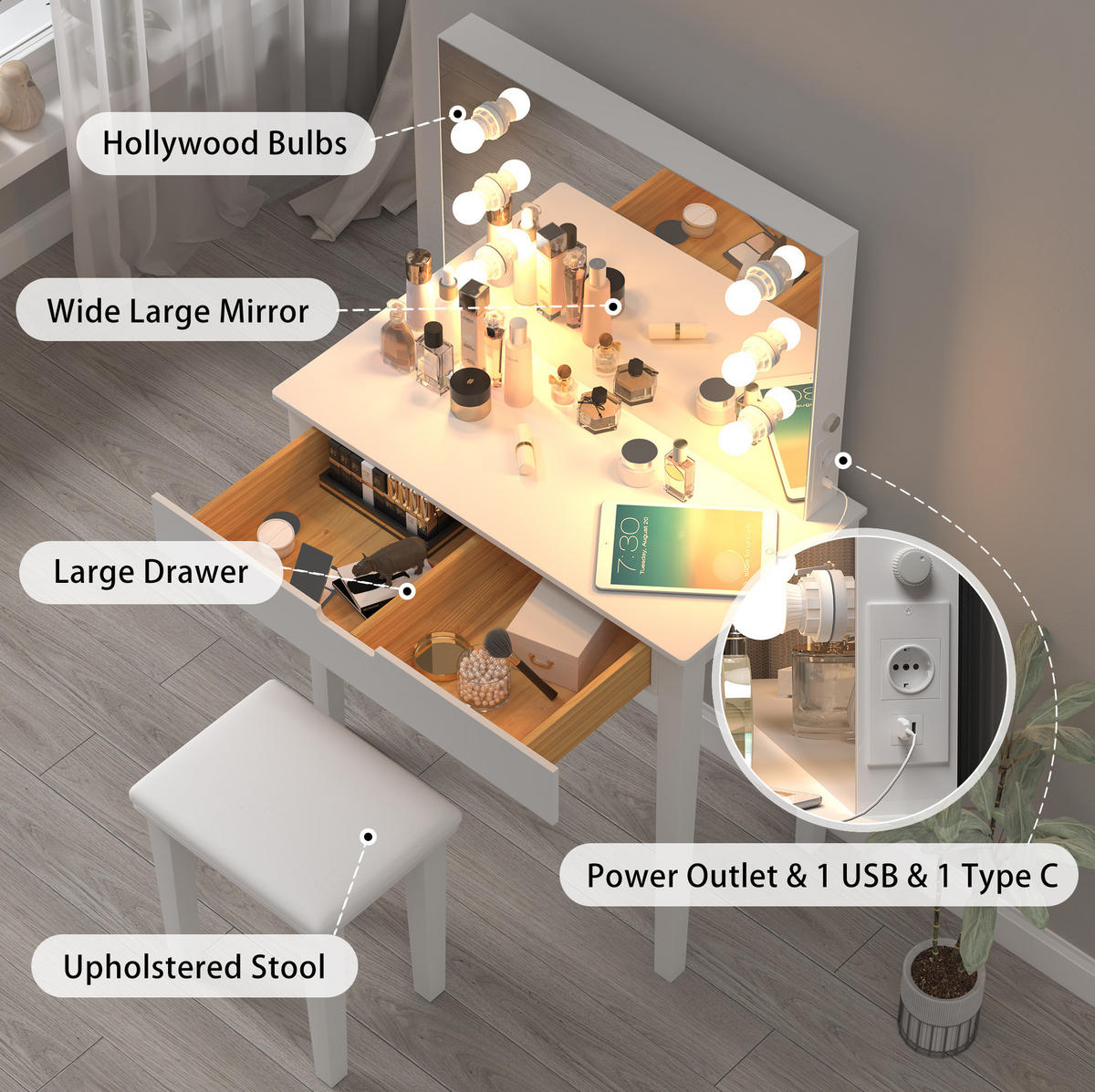 SCHMINKTISCH in Weiß mit Spiegel, LED-Beleuchtung, Hocker und 2 Schubladen - Weiß, Holzwerkstoff (125/40/80cm) - BEAOK