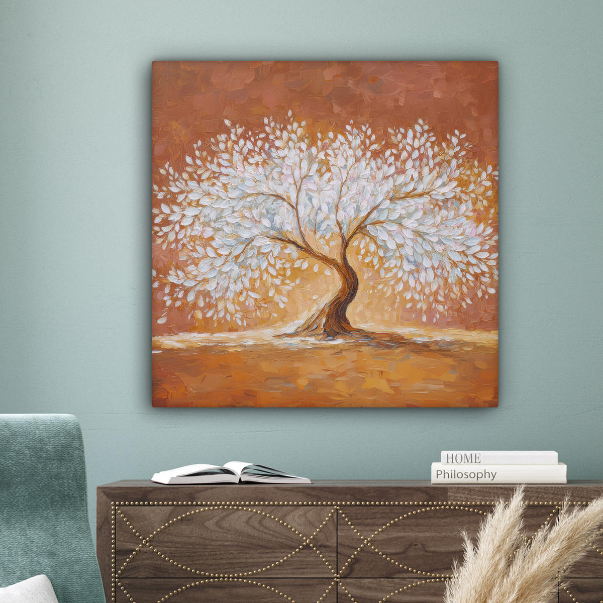 LEINWANDBILD Abstrakt - Baum - Weiß - Blätter Deko Groß 90x90 cm - Braun, Textil (90/90cm) - MuchoWow