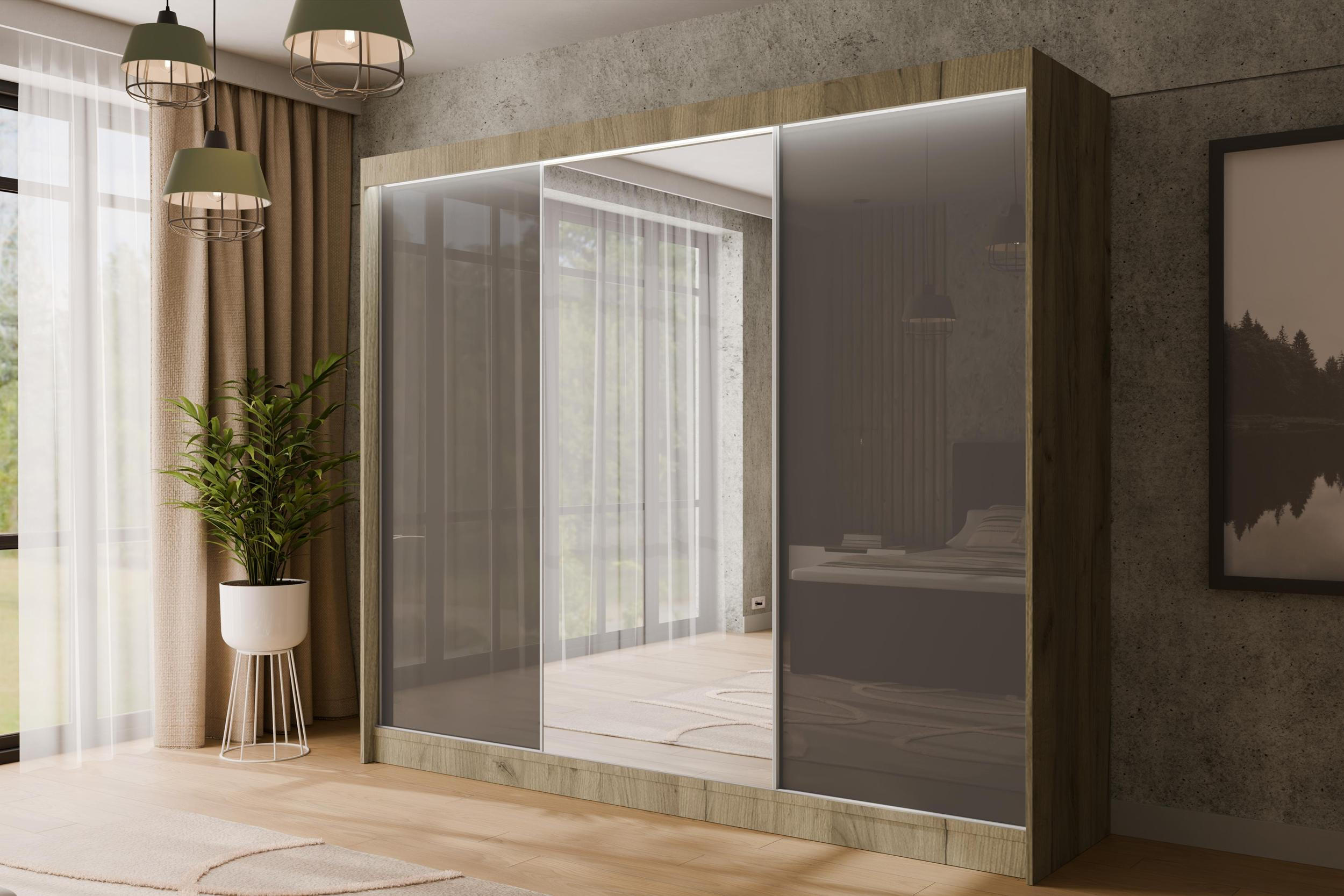 KLEIDERSCHRANK VESLI mit LED - 250 cm - Braun|Grau - Braun/Grau, Holzwerkstoff (250/215/61cm) - ALTDECOR