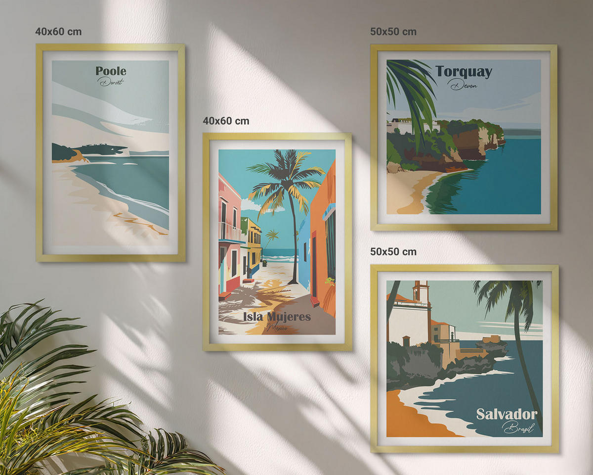 BILDER SET 4er Set - 50x50 cm & 40x60 cm Goldrahmen - Tropische Strände und Palmen - Goldfarben, Kunststoff (50/50cm) - TULUP