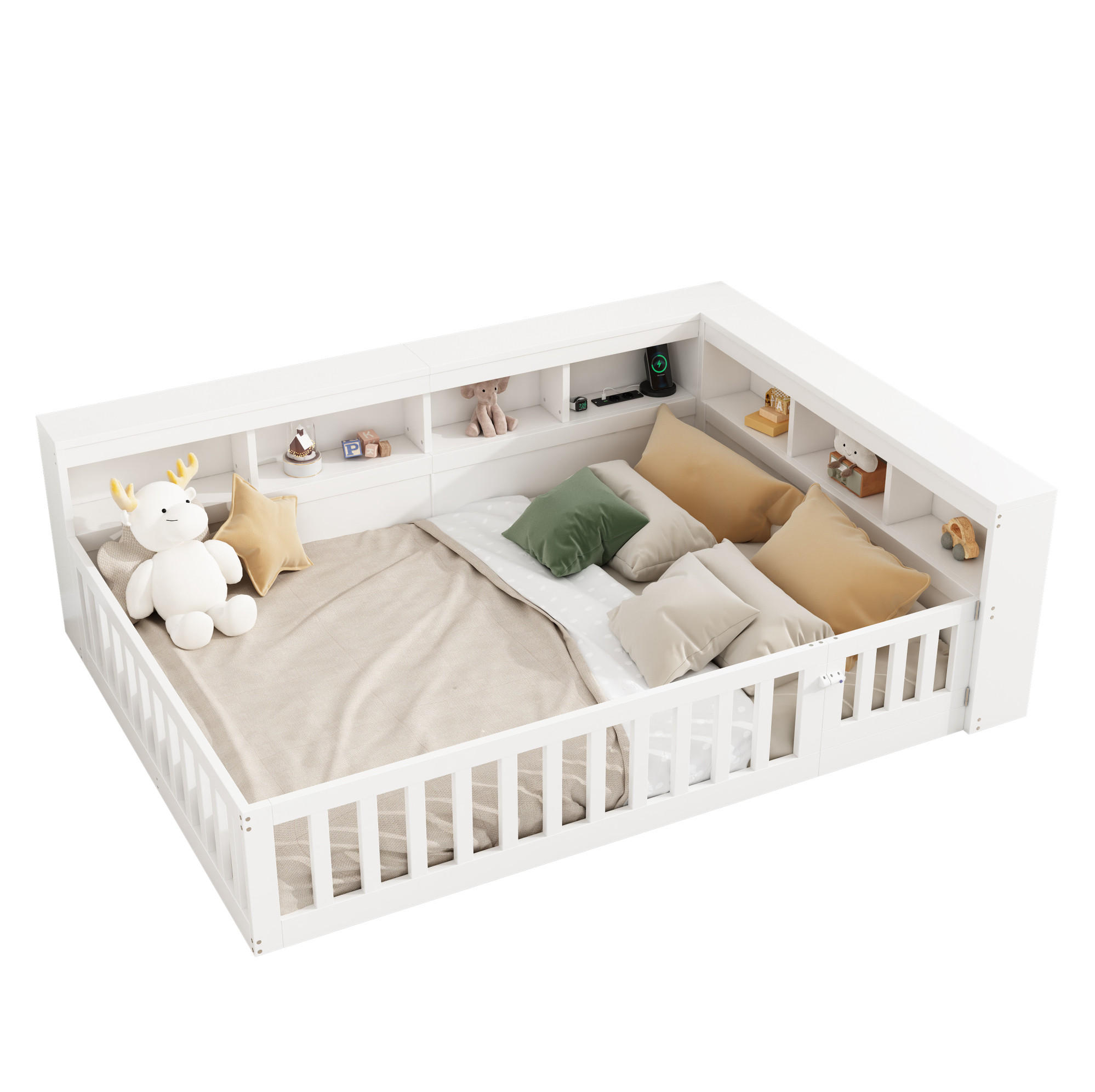 KINDERBETT aus Spanplatte & MDF 140x190 cm in Weiß mit Stauraum & USB - Weiß, Holzwerkstoff (140/190cm) - Modfu