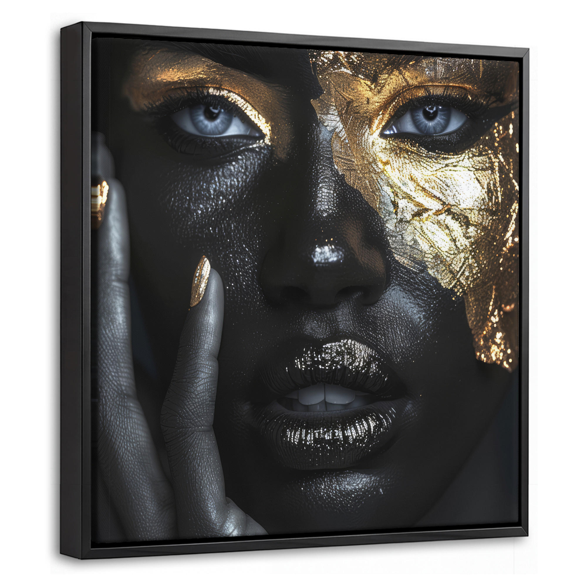 LEINWAND Bilder mit Rahmen - Frau - Gold - Porträt - Schwarz-Weiß - Luxus - 20x20 - Hellblau, Textil (20/20cm) - MuchoWow