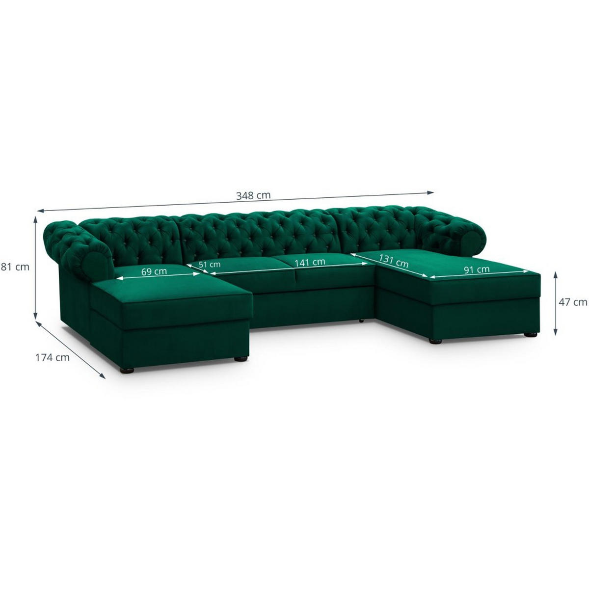 WOHNLANDSCHAFT Chester im Chesterfield-Stil, Dunkelgrün - Dunkelgrün/Schwarz, Textil (348/81/174cm) - Beautysofa