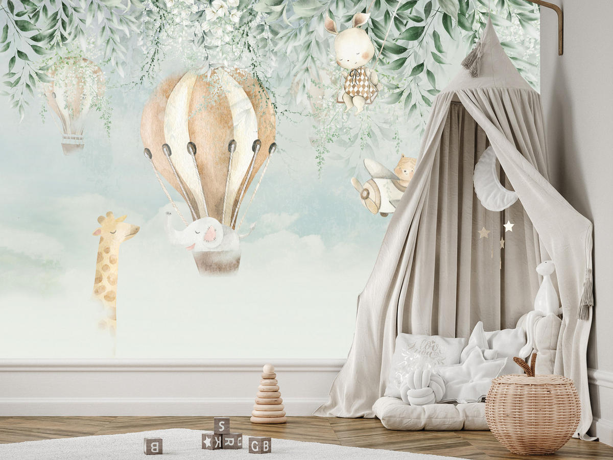 FOTOTAPETE für Kinderzimmer Tiere Wolken Ballons Giraffe Elefant 300x210 - Beige/Braun, Papier (300/210cm) - Muralo