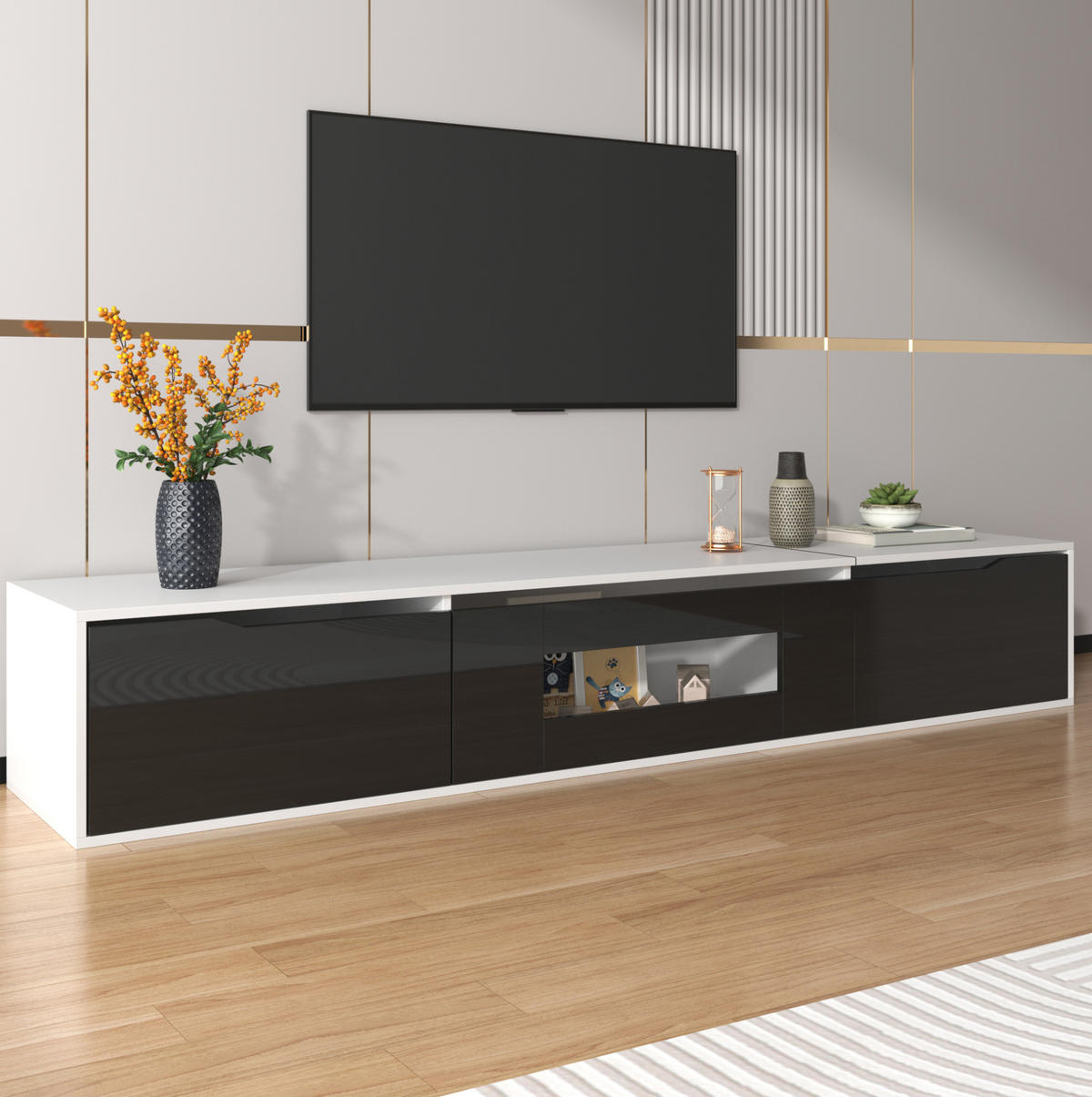 TV-SCHRANK in Weiß und Schwarz Hochglanz mit LED 180/35/30 cm - Schwarz, Holzwerkstoff (180/35/30cm) - Redom