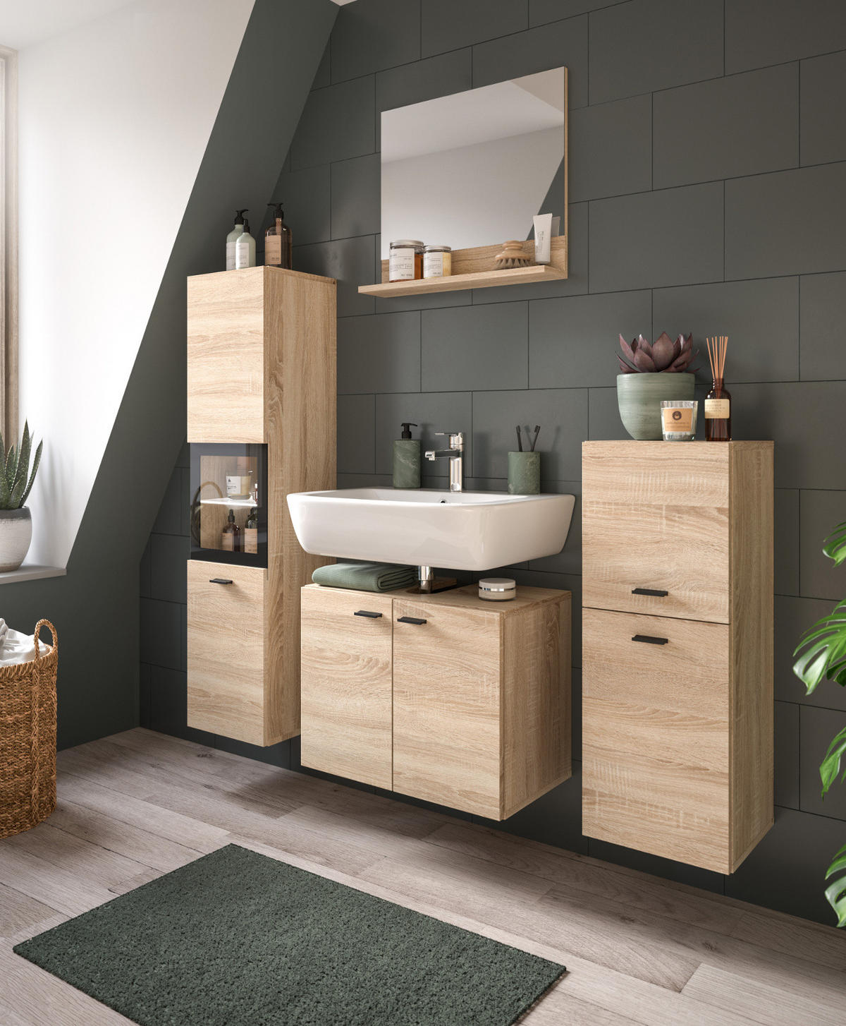 BADMÖBEL-SET Eiche 4-teilig 140 cm, Komplettset hängend oder stehend - Eichefarben/Schwarz, Glas/Holzwerkstoff (137/186/33cm) - Inn.Furn