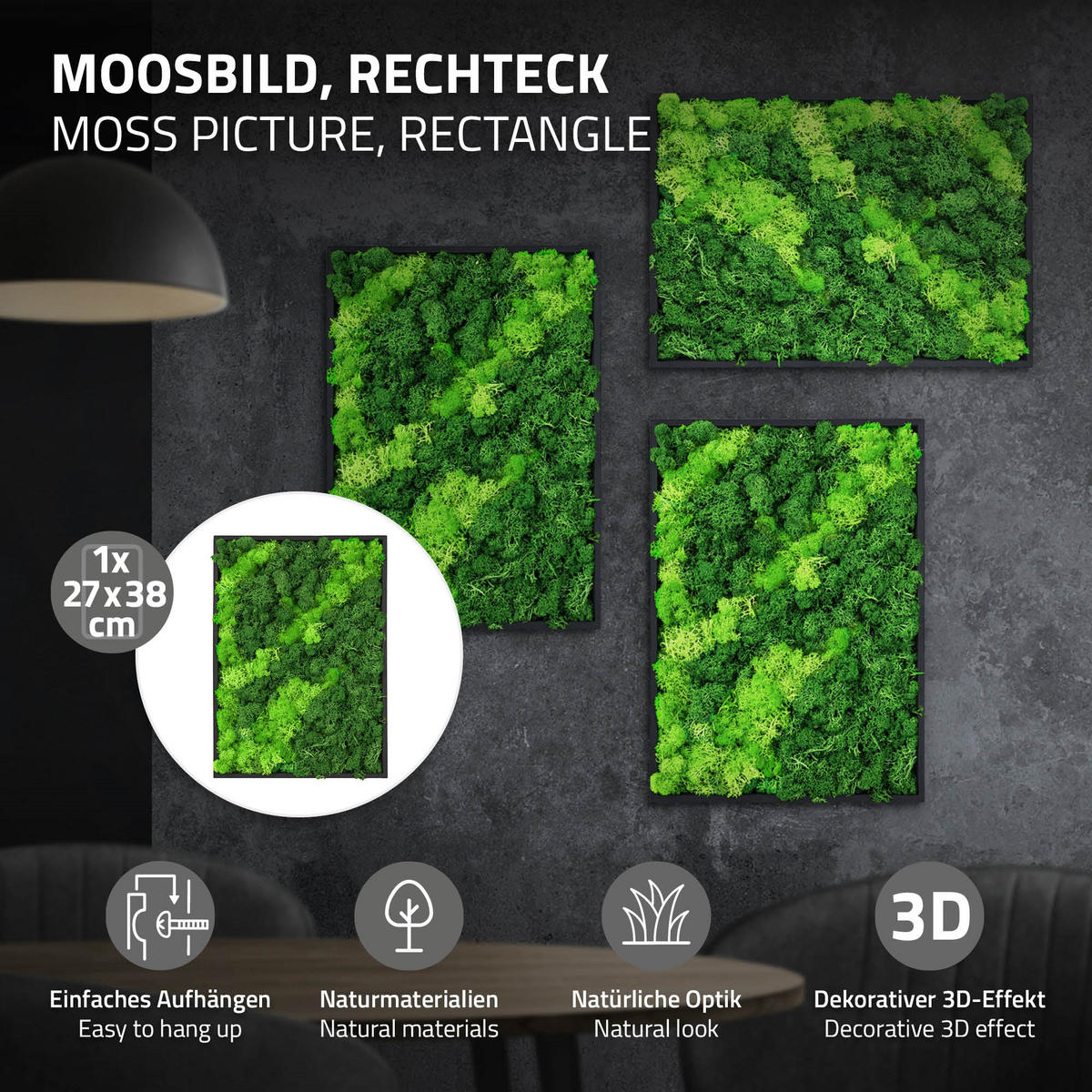 MOOSBILD Rechteck 38 x 27 cm Mooswand Indoor mit Echtem Islandmoos und Holzrahmen Grün Pflegefrei - Hellgrün, Naturmaterialien (27/38/3.5cm) - ECD-Germany