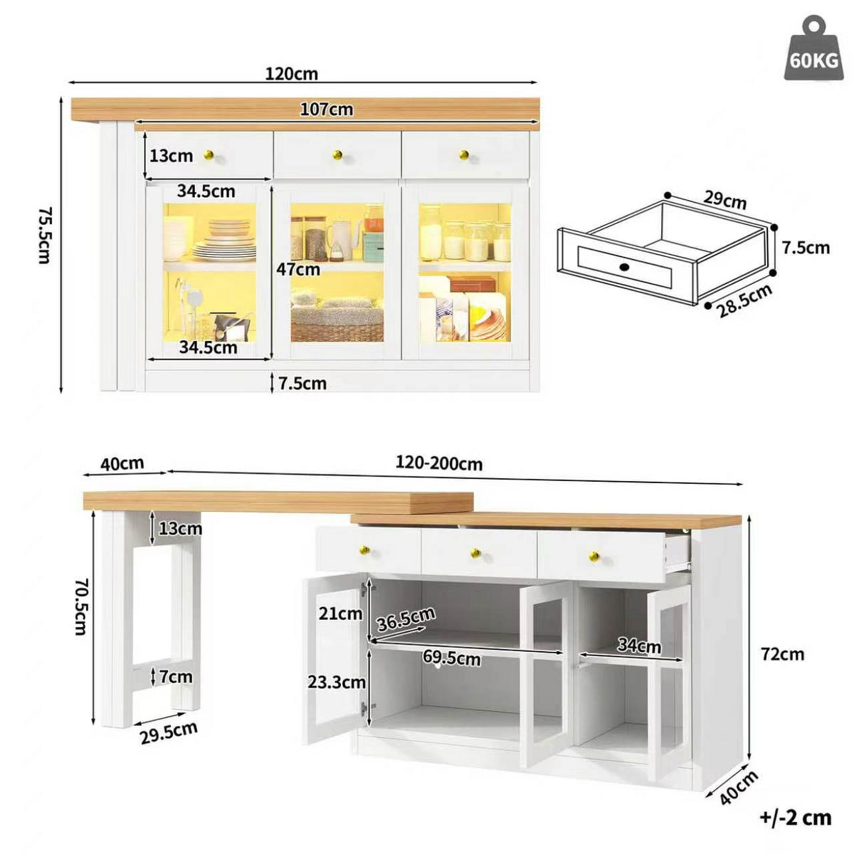 KUCHYŇSKÝ OSTRŮVEK ROZKLÁDACÍ LED SKLENĚNÁ DVÍŘKA - bílá, kompozitní dřevo (40/120/75.5cm) - FLIEKS