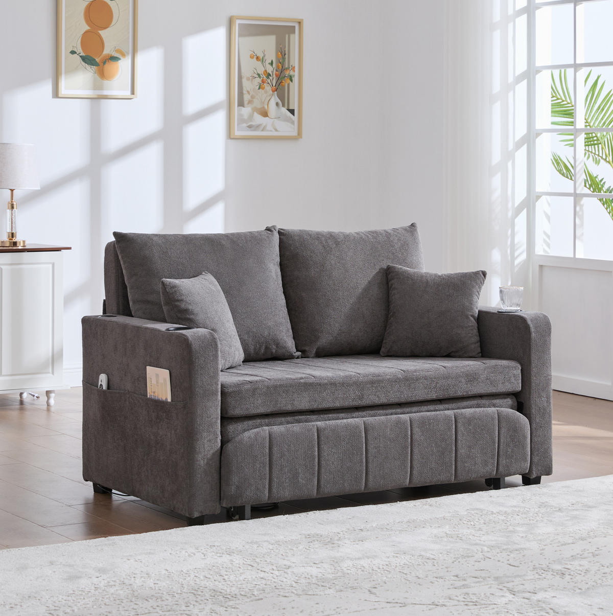 SCHLAFSOFA aus Chenille 139x83x58 cm Grau ausziehbar mit Armlehnentaschen, Kissen und hohem Sitzkomfort - Grau, Textil (73/83/139cm) - Modfu