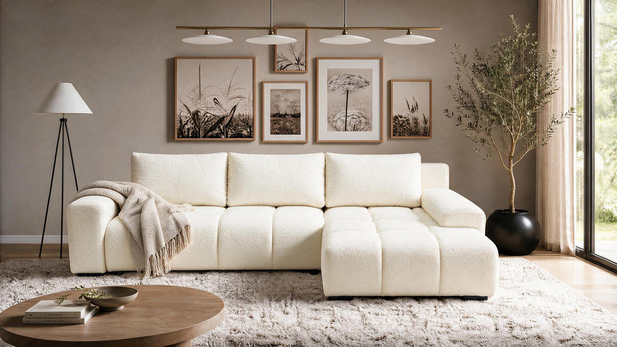 ECKSOFA Ovia mit Bettkasten und Schlaffunktion, Bouclé-Stoff in L-Form - Beige, Textil (270/185cm)