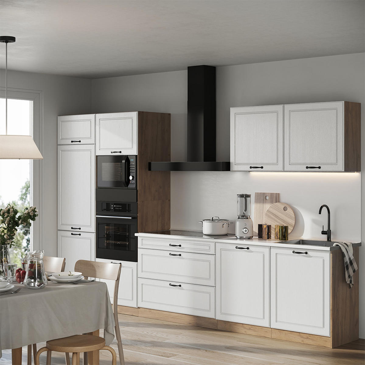 KÜCHENZEILE R-Line, Weiß Landhaus/Goldkraft Eiche, 340 cm Arbeitsplatte Anthrazit - Eichefarben/Weiß, Holzwerkstoff (340/206.8/60cm) - Vicco