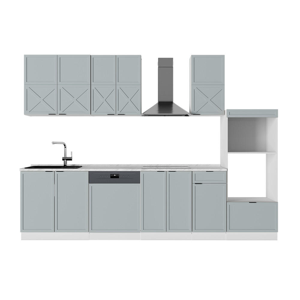 KÜCHENZEILE Fame-Line Hellblau-grau/Weiß 300 cm mit Hochschrank AP Marmor - Blaugrau/Weiß, Holzwerkstoff (300/81.6/60cm) - Vicco