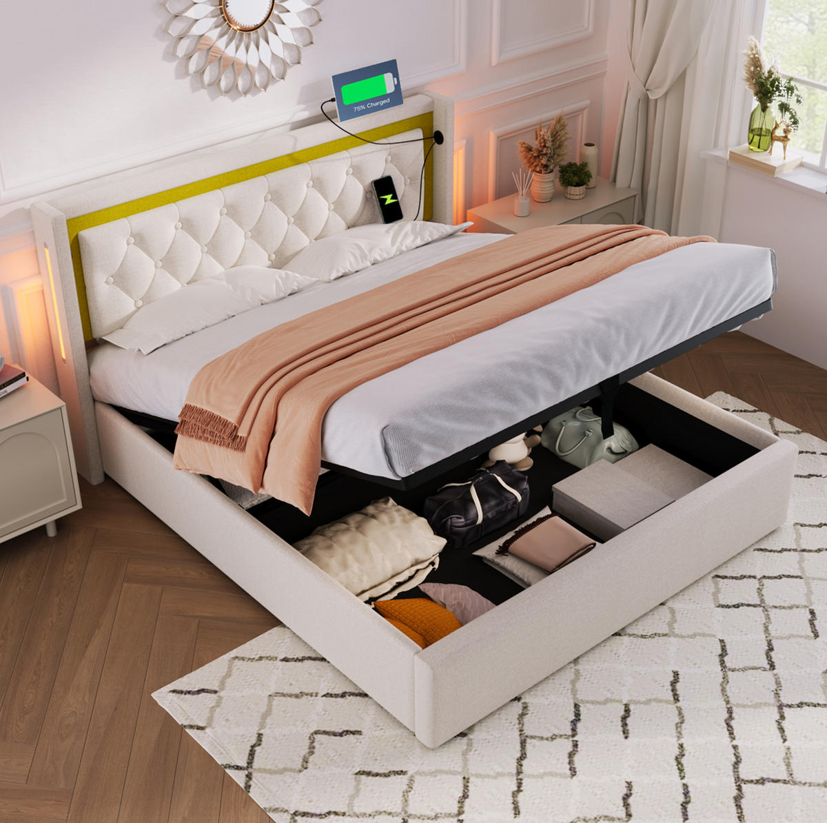 POLSTERBETT 160/200 cm Beige mit Bettkasten und USB-Ladefunktion mit Matratze - Beige, Textil (160/200cm) - OKWISH