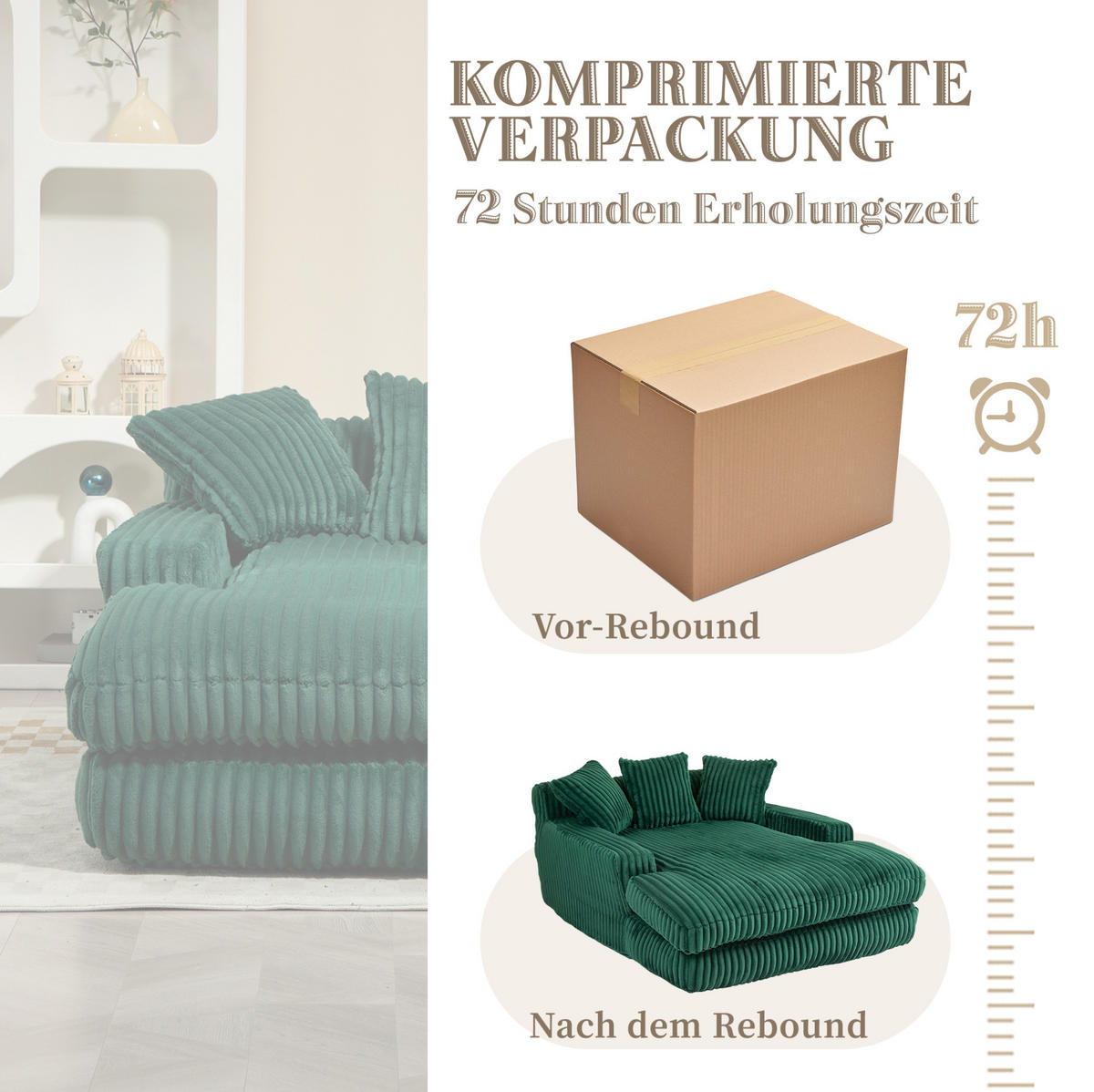 BIGSOFA 125/155/63 cm in Cord Smaragdgrün – bodennahe Chaiselongue mit 3 Kissen - Smaragdgrün, Textil (63/125/155cm) - BEAOK
