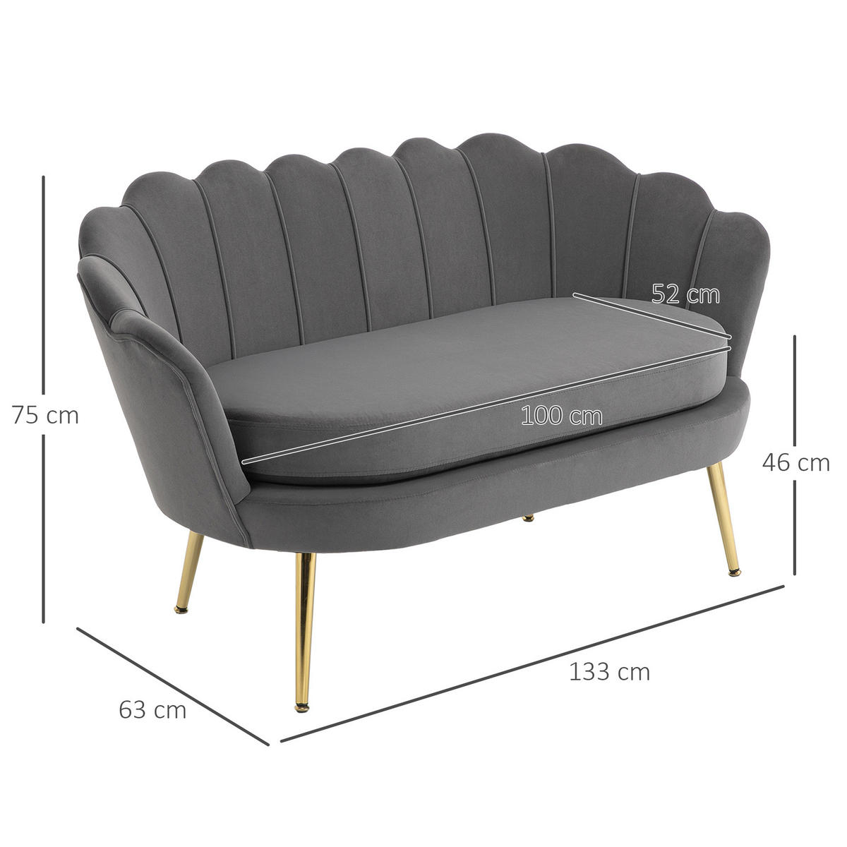 SOFA 2-Sitzer, Samt Polyester Stahl Grau - Grau, Textil (63/75/133cm) - HOMCOM