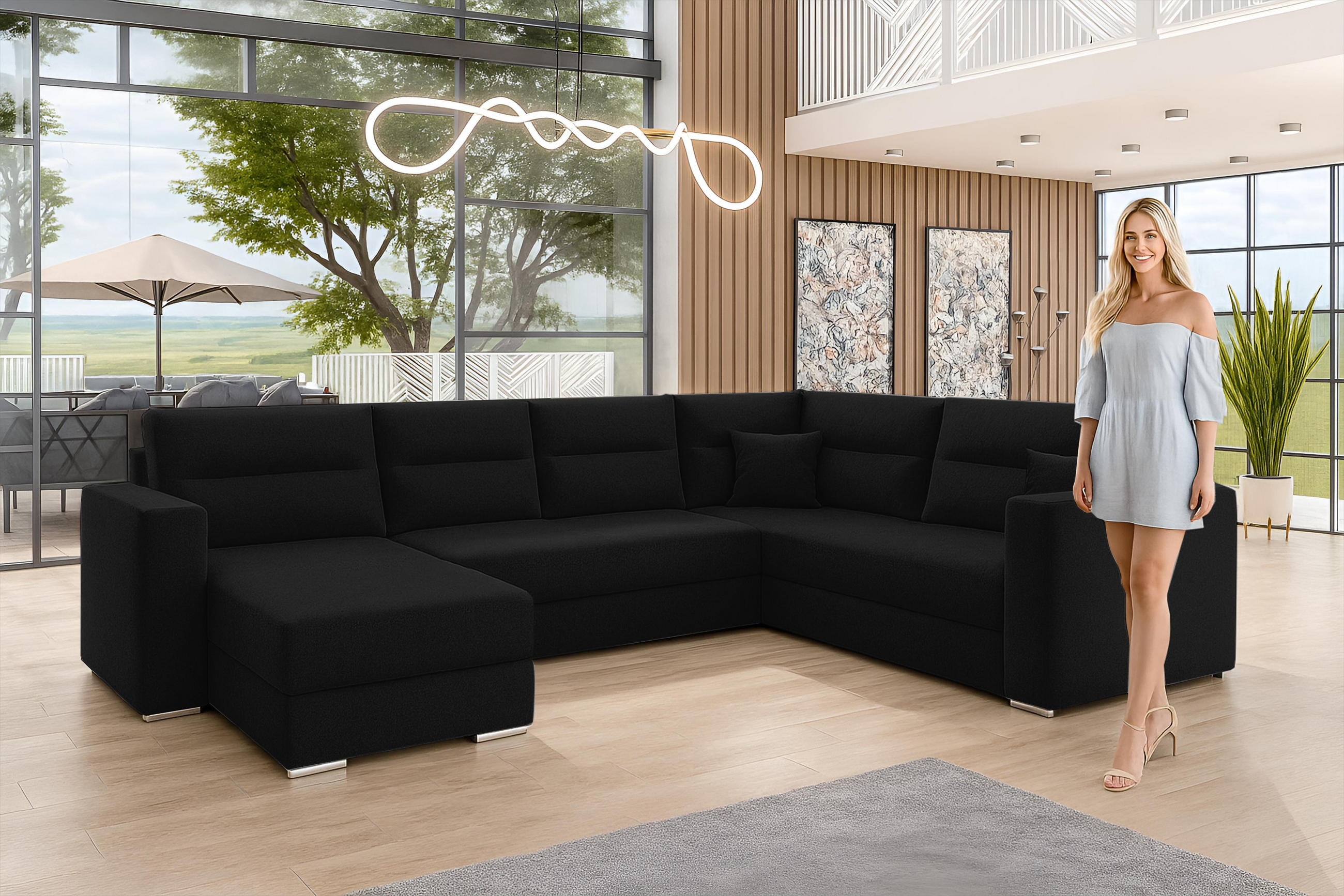 WOHNLANDSCHAFT Lovere Schwarz 314/217/90 cm mit Bettkasten Schlaffunktion Design - Schwarz, Kunststoff/Textil (314/90/217cm) - AX Living