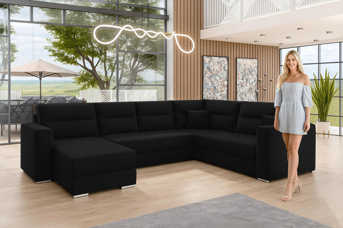 WOHNLANDSCHAFT Lovere Schwarz 314/217/90 cm mit Bettkasten Schlaffunktion Design - Schwarz, Kunststoff/Textil (314/90/217cm) - AX Living