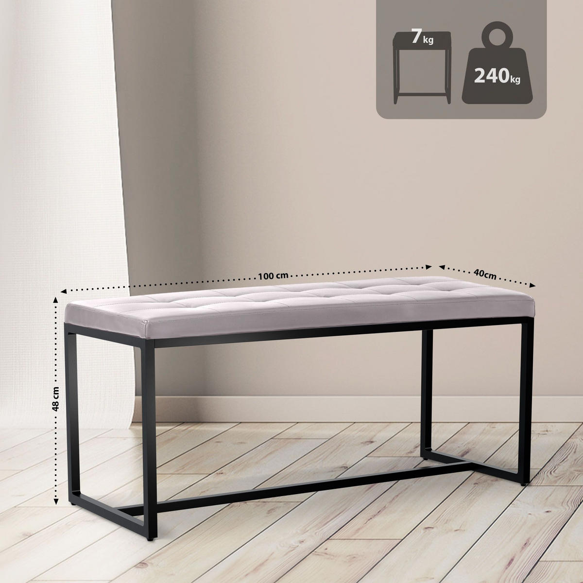 SITZBANK 100/40 cm Kunstleder weiß - Schwarz/Weiß, Textil/Metall (100/48/40cm) - CLP