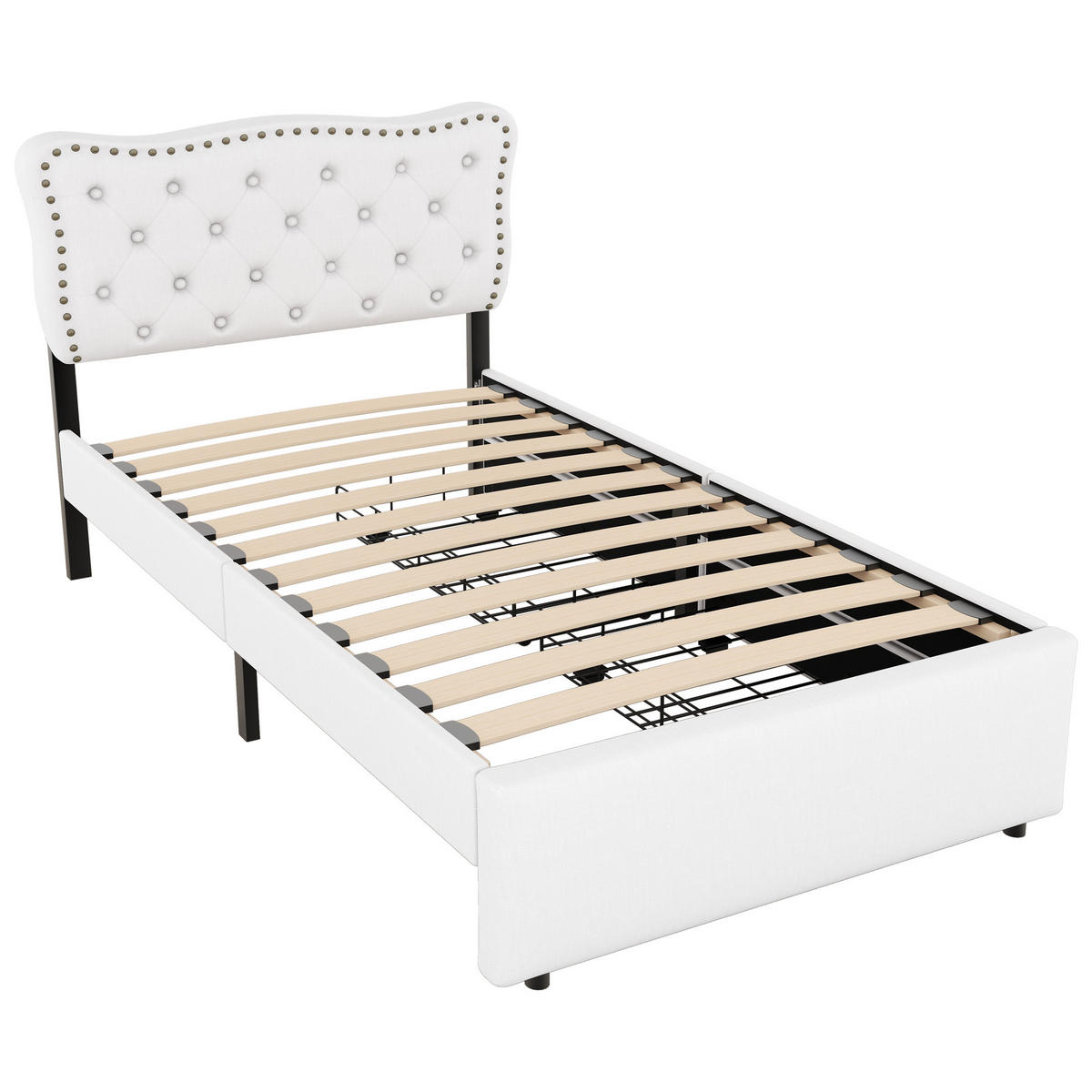 POLSTERBETT 90/200 cm hellbeige mit zwei Schubladen und verstellbarem Nachttisch - Beige, Textil (90/200cm) - OKWISH