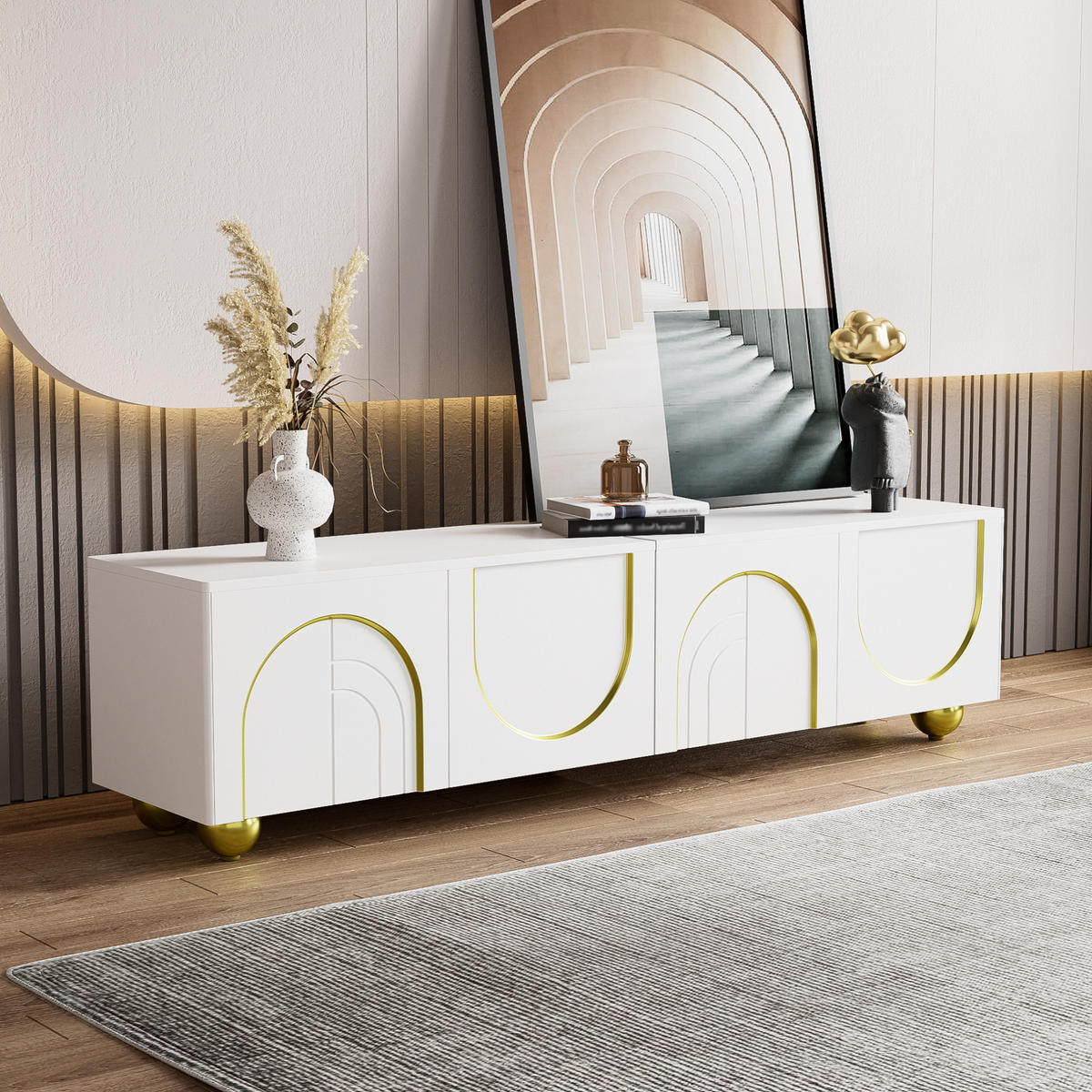 TV ormarić 170/38/44 cm bijeli i zlatni od iverala s 4 vrata i push-to-open otvaranjem - bijela, drvni materijal (170/44/38cm) - OKWISH