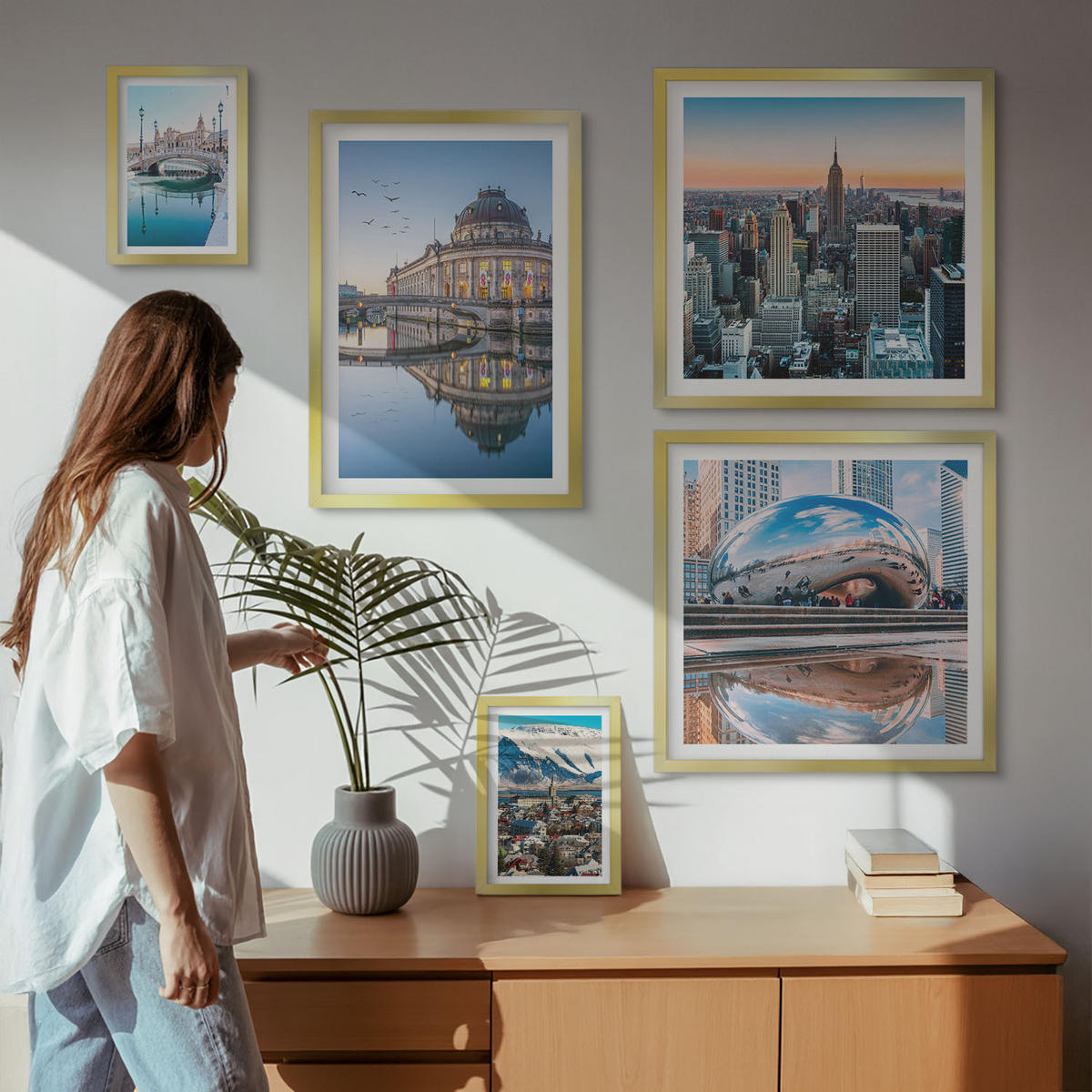 BILDER SET 5er Set - 50x50 cm & 20x30 cm & 40x60 cm Goldrahmen - Architektur von Städten am Wasser - Goldfarben, Kunststoff (40/60cm) - TULUP