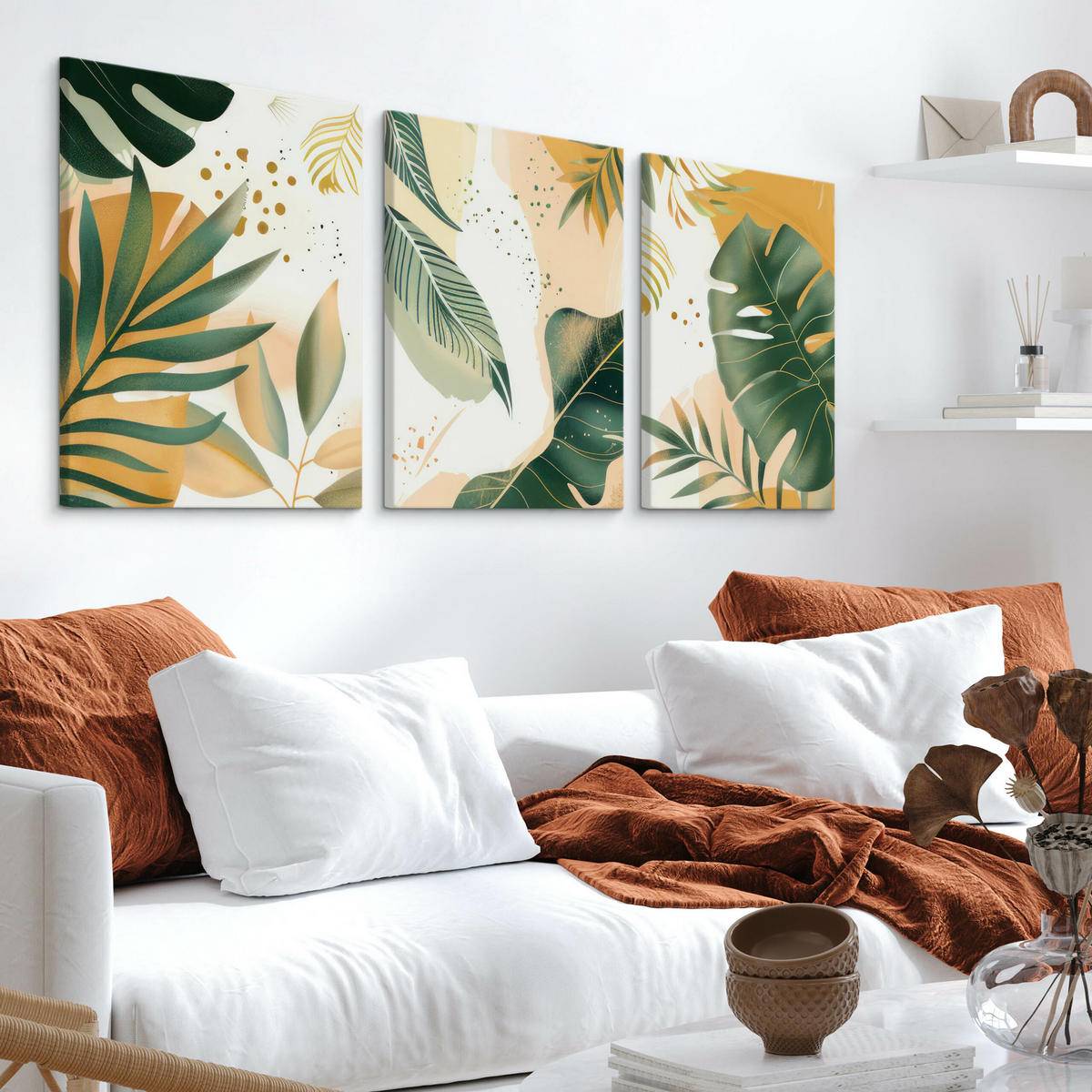 LEINWANDBILDER 3-es Set Blätter Boho - Beige/Weiß, Textil (90/40cm) - Muralo