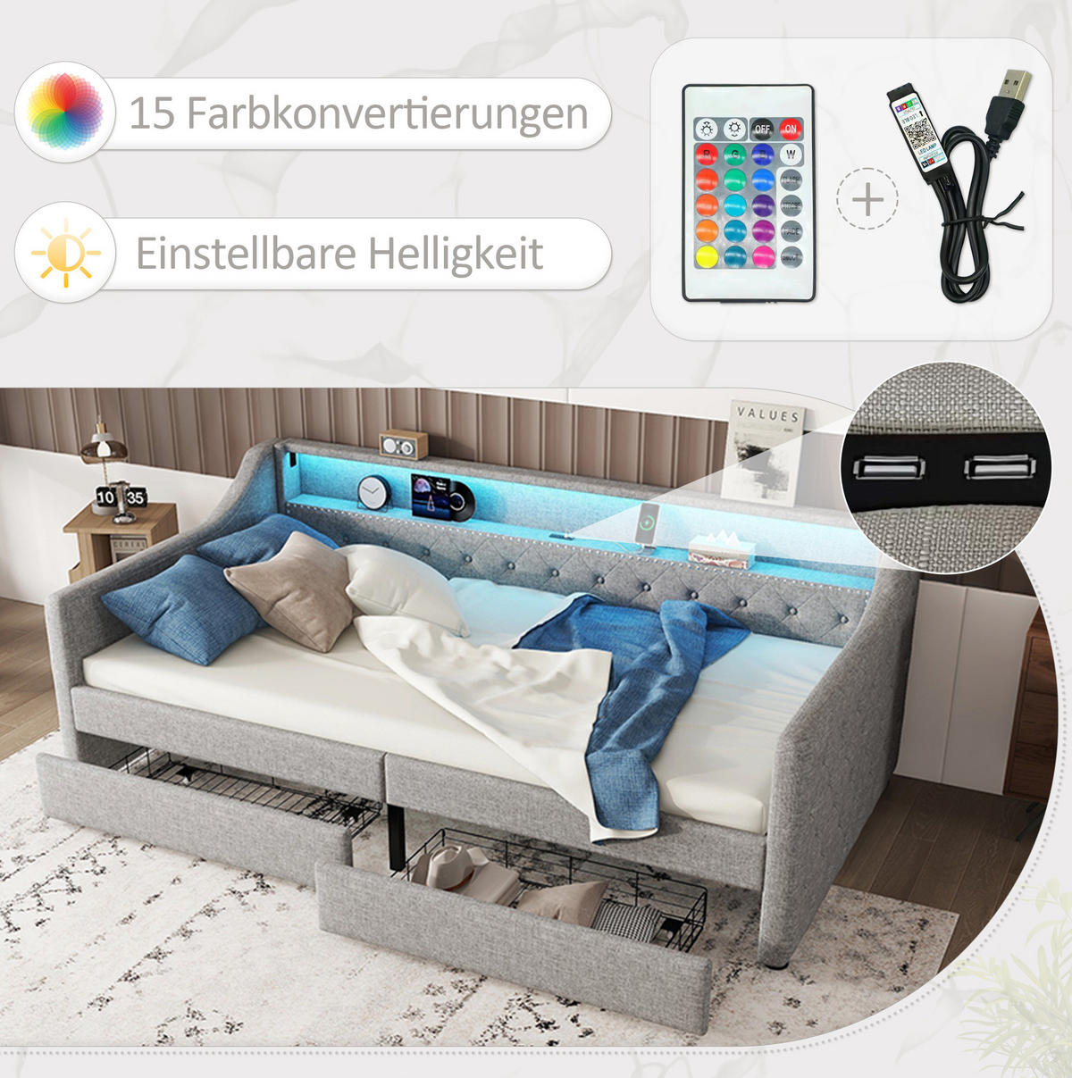 DENNÁ posteľ 90/200 cm sivá z ľanu a MDF s LED osvetlením USB portom a 2 zásuvkami - sivá, textil (90/200cm) - OKWISH