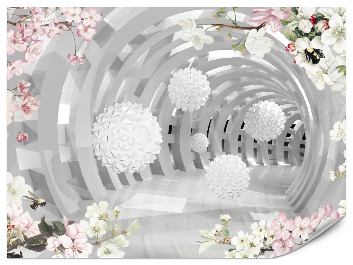 FOTOTAPETE für Wohnzimmer Tunnel mit BLUMEN KUGELN Floral Perspektive 500x350 - Rosa/Weiß, Papier (500/350cm) - Muralo