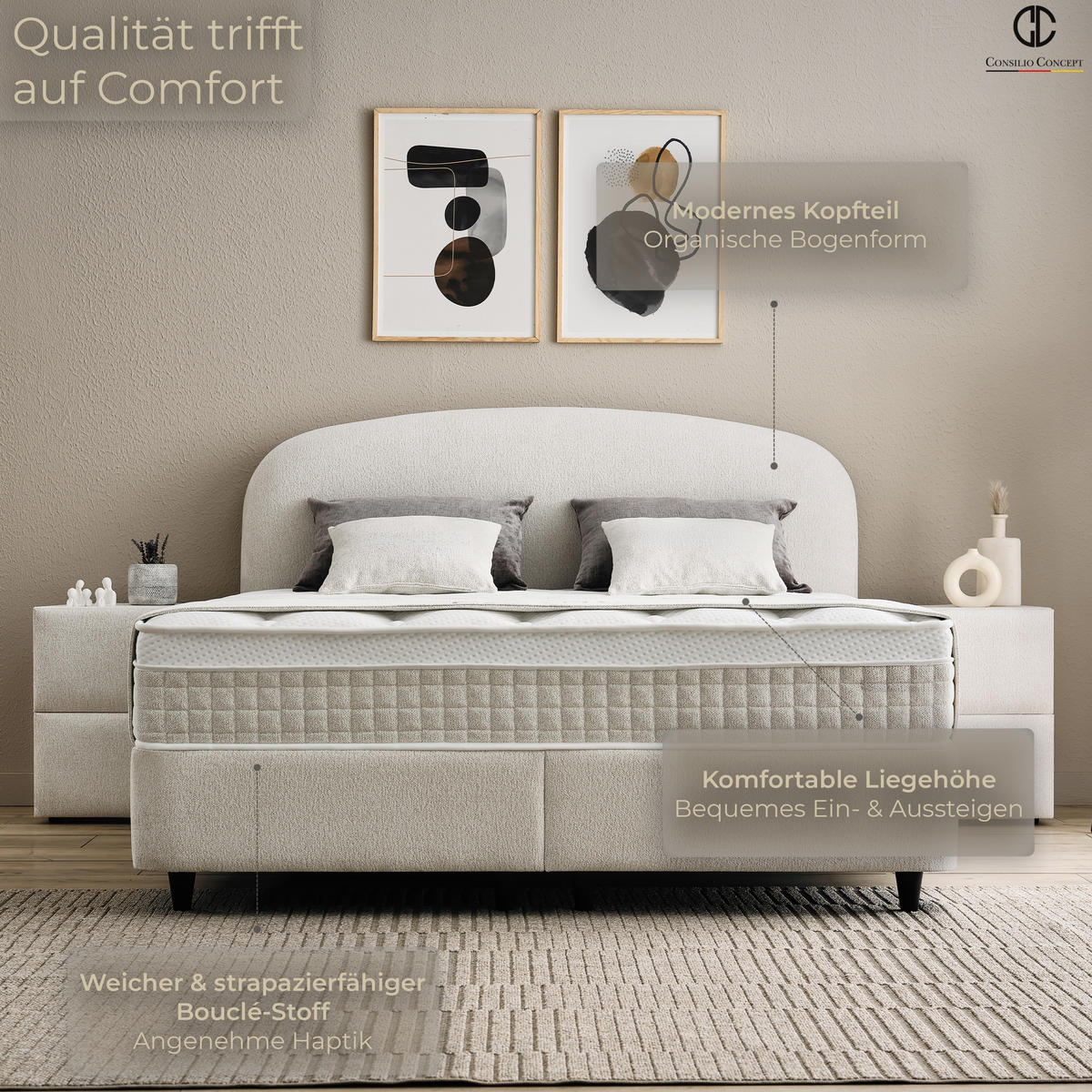 BOXSPRINGBETT MIT BETTKASTEN FREYA 90/200 cm, Ivory, Bettkasten, Matratze, Topper integriert, H3 mittel 7-Zonen Matratze - Creme/Schwarz, Holz/Kunststoff (90/200cm) - Consilio Concept