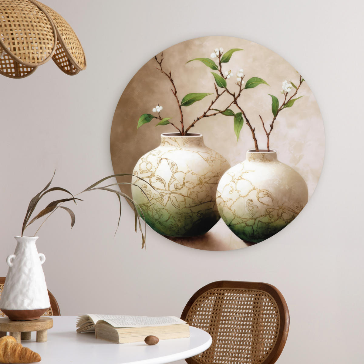 WANDBILD Blumen - Vase - Weiß - Botanisch - Beige 60x60 cm - Ecru, Kunststoff (60/60cm) - MuchoWow