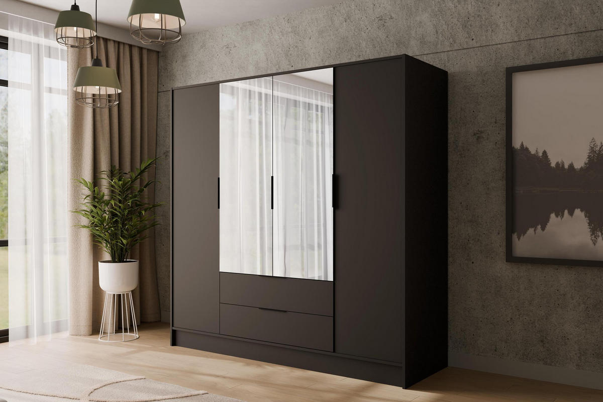 KLEIDERSCHRANK mit Spiegel und Flügeltüren KOLIN 200x200cm Schwarz - Schwarz, Holzwerkstoff (200/200/51cm) - ALTDECOR