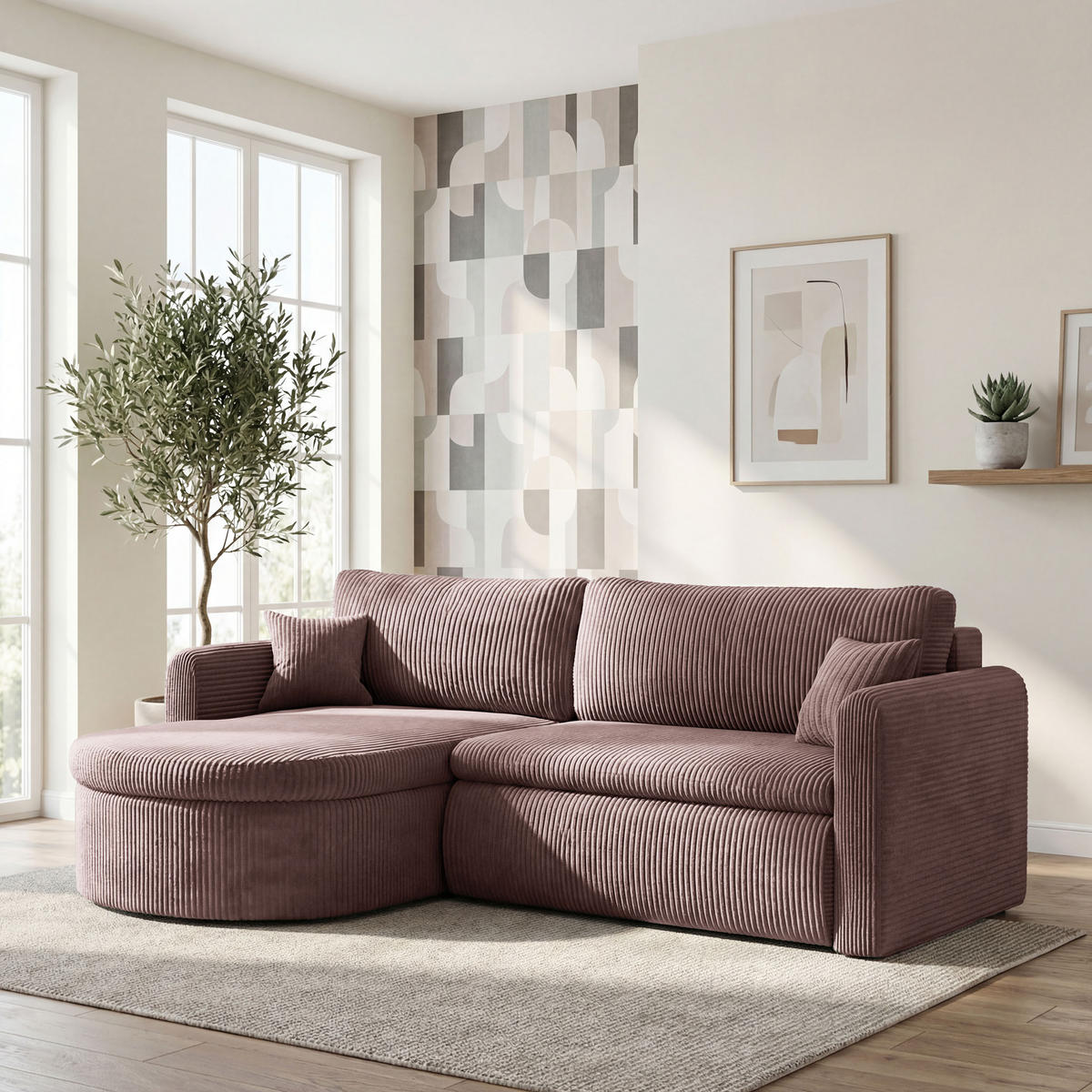 ECKSOFA Cora mit Schlaffunktion & Stauraum, Universell Rechts/Links, Rosa Cord Chenille 260/82/160 cm - Schwarz/Rosa, Kunststoff/Textil (250/160cm) - WFL GROUP