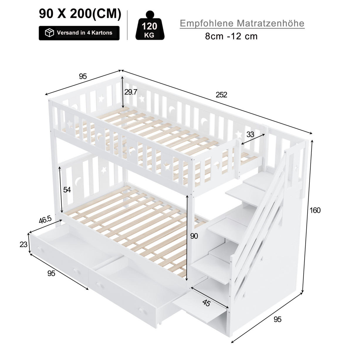 ETAGENBETT 90/200 cm, Weiß mit Stauraumleiter und Lattenrost - Weiß, Holz (90/200cm) - MIVRAY