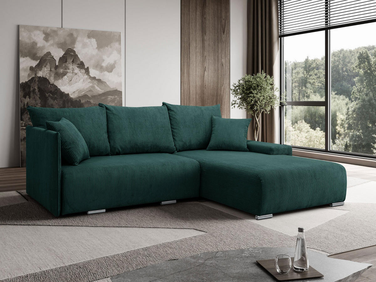 ECKSOFA Lauren L- Form 246 x 188 cm, 4 Sitzer, Bettzeugablage, Sofa, Eckcouch, Cord, rechte Seite, grün - Grün, Kunststoff (246/188cm) - Margaret Hadas24