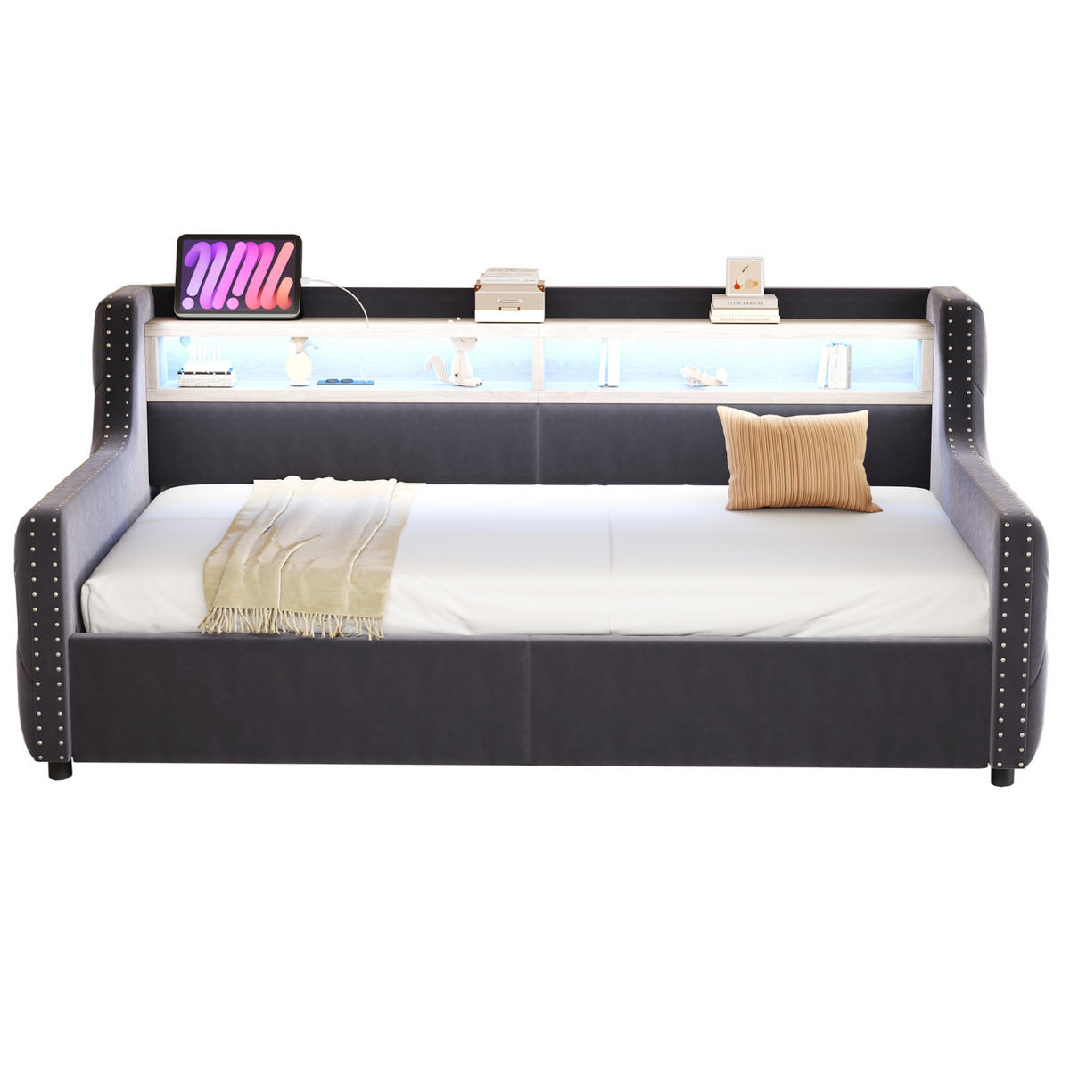 POLSTERBETT 90/200 cm aus Samt mit LED Stauraum und Ladeanschlüssen Dunkelgrau - Grau, Textil (90/200cm) - Modenvie