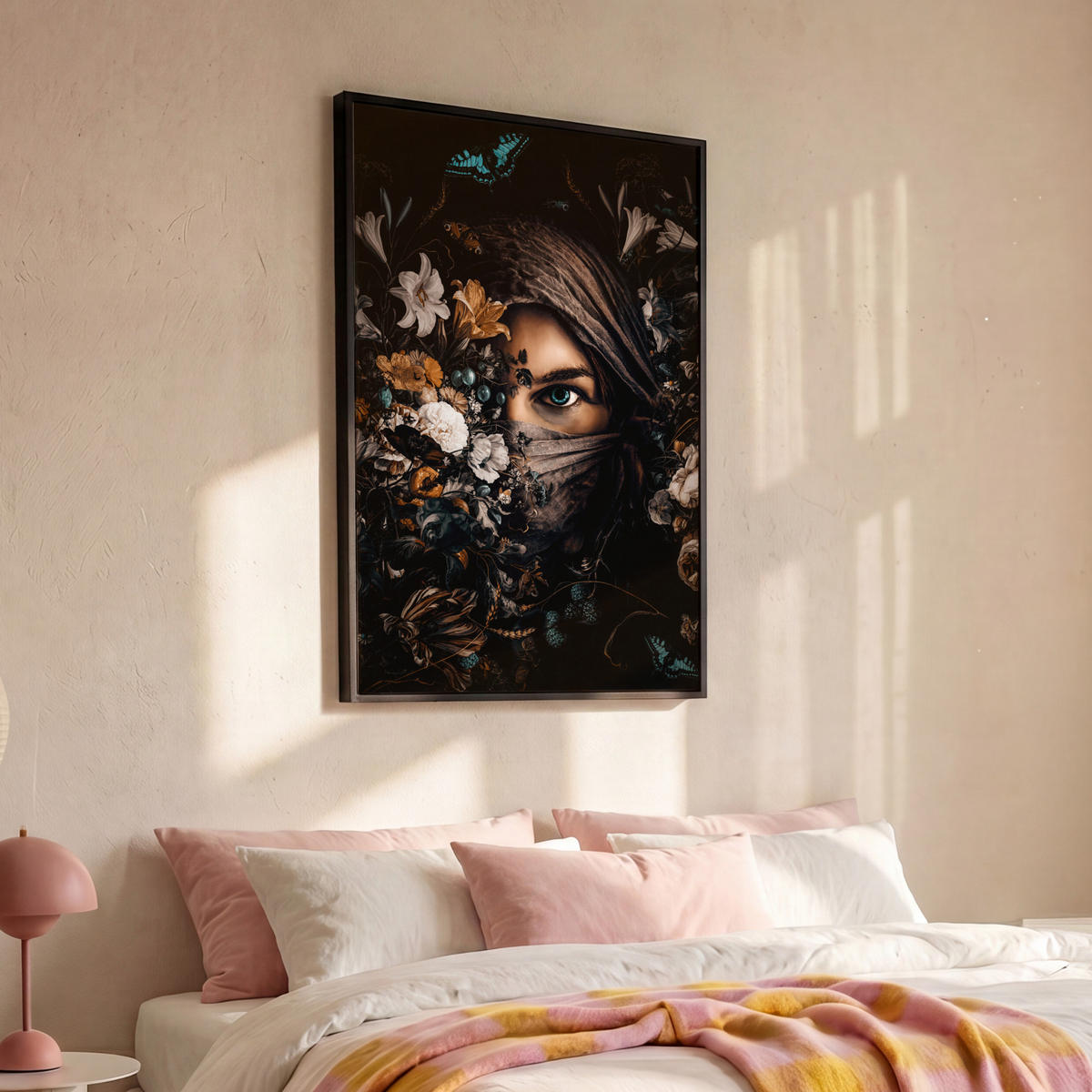 LEINWAND Bilder mit Rahmen - Frau - Luxus - Blumen - Schmetterling - Porträt - 80x120 - Schwarz, Textil (80/120cm) - MuchoWow