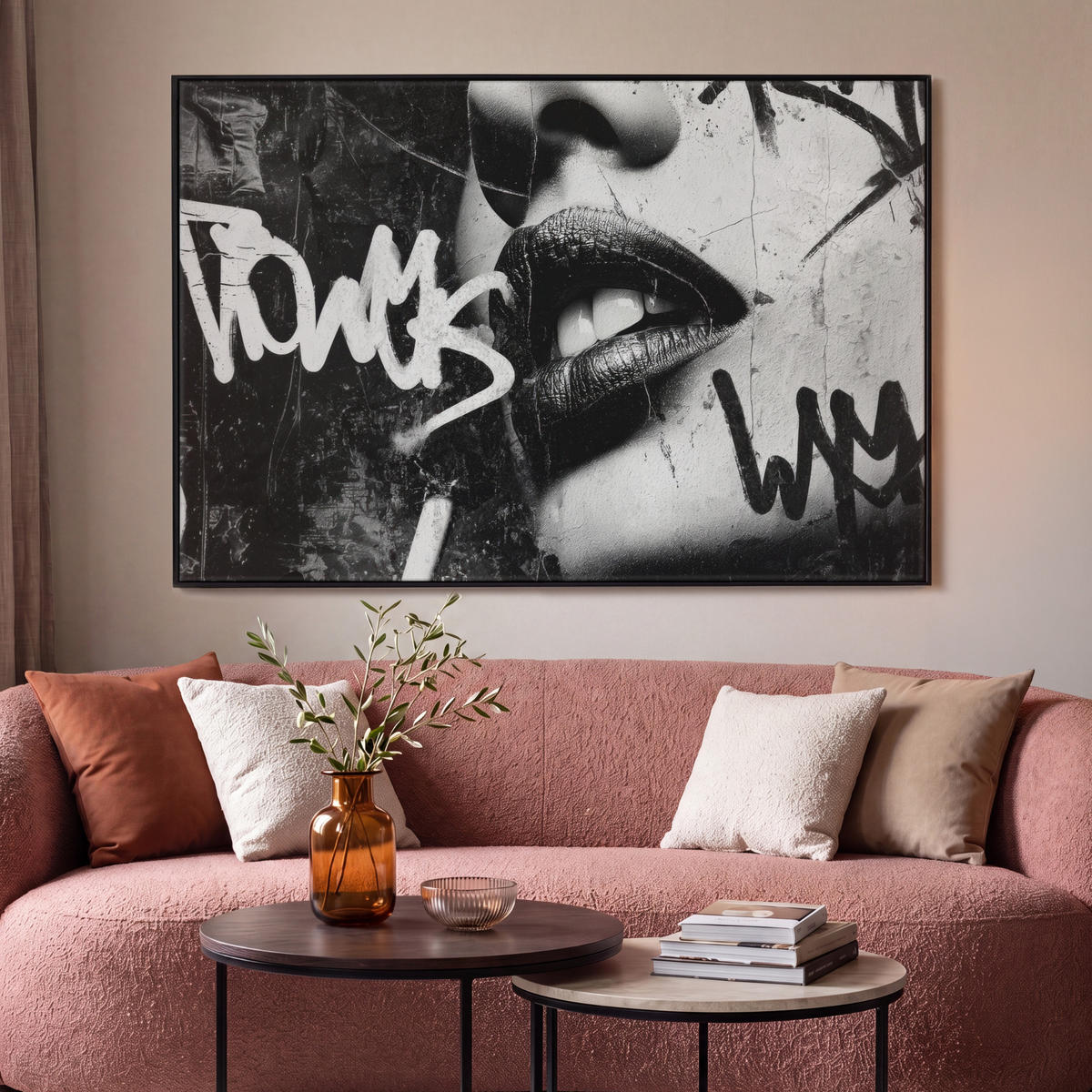 LEINWAND Bilder mit Rahmen - Gesicht - Mund - Graffiti - Schwarz - 140x90 - Schwarz, Textil (140/90cm) - MuchoWow