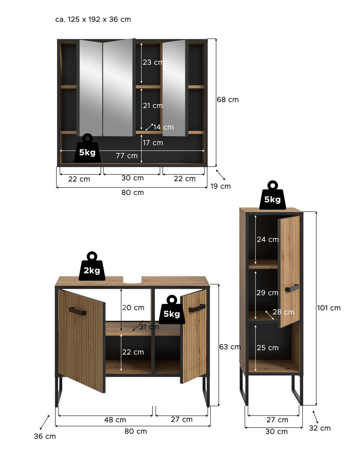 BAD-SET BAGNO 3-Tlg. (B/H/T: ca. 125/192/36 cm) in Artisan Oak Nachbildung/Artisan Oak Nachbildung - Eiche Artisan, Holzwerkstoff (125/192/36cm)