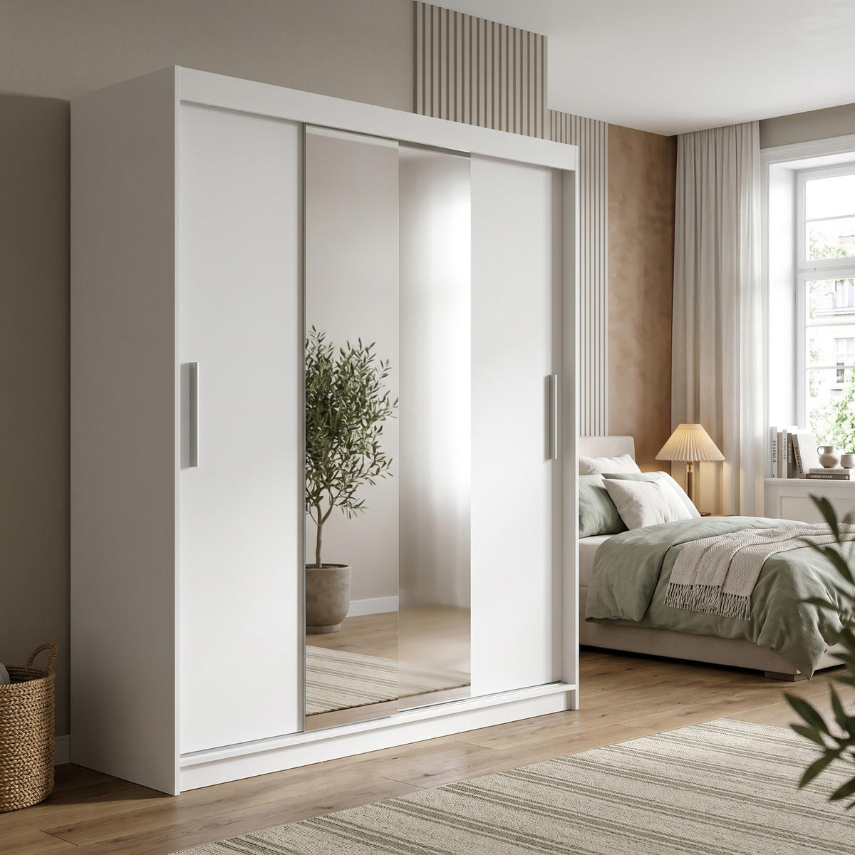SCHWEBETÜRENSCHRANK VIVA 180/215,5/59cm 2-türig mit Spiegel Weiß - Weiß, Holzwerkstoff (180/215.5/59cm) - MASSENO