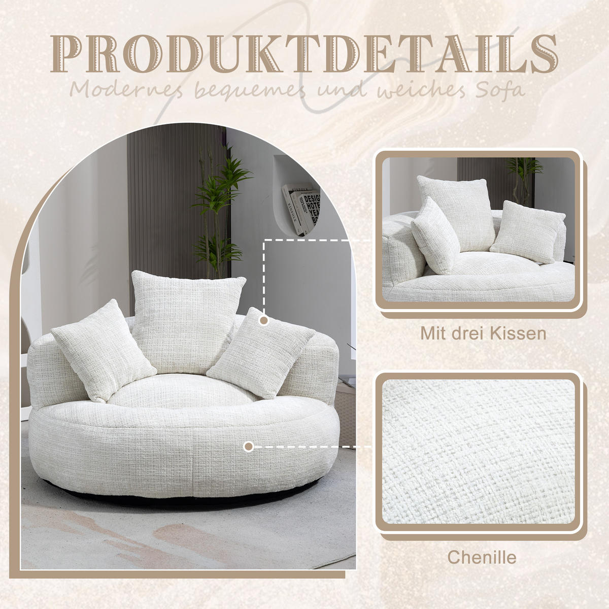 LAZY SOFA– Hoher Rücken & 3 Kissen (Beige Chenille) - Beige, Textil (108/52/108cm) - Urban Meuble