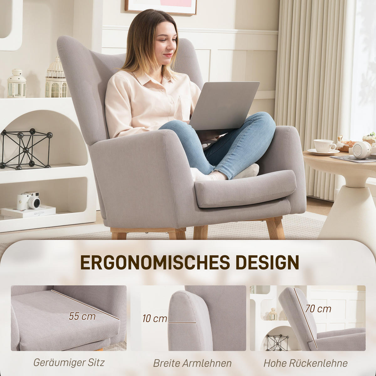 SCHAUKELSTUHL Schaukelsessel mit hoher Rückenlehne, Cord-Optik für Wohnzimmer - Hellgrau, Kunststoff (72/100/97cm) - HOMCOM