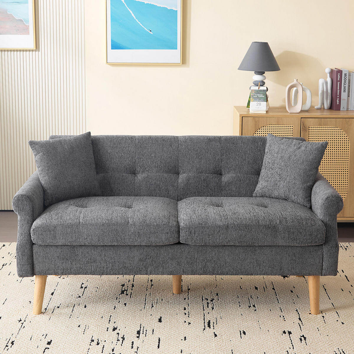 DOPPELSOFA in Grau Chenille-Stoff mit dicken Kissen - Grau, Holz/Textil (74/77/162cm) - KOMHTOM