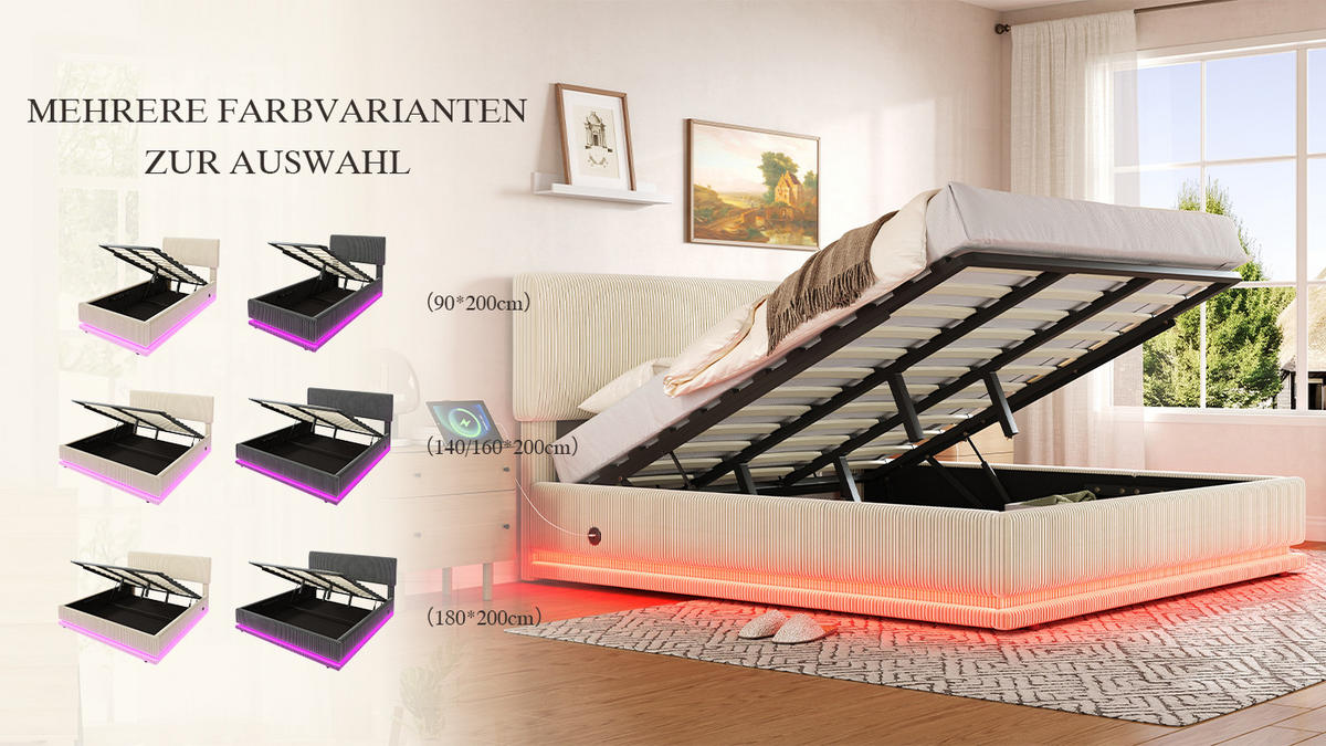 POLSTERBETT 180x200 cm LED USB Stauraum beige - Beige, Textil (180/200cm) - Fortuna Lai