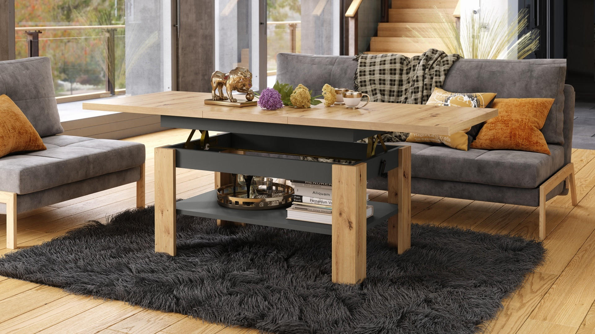 COUCHTISCH rechteckig Eiche Artisan - Anthrazit ausziehbar höhenverstellbar - Anthrazit/Eiche Artisan, Holzwerkstoff (65/130/58cm) - designimpex