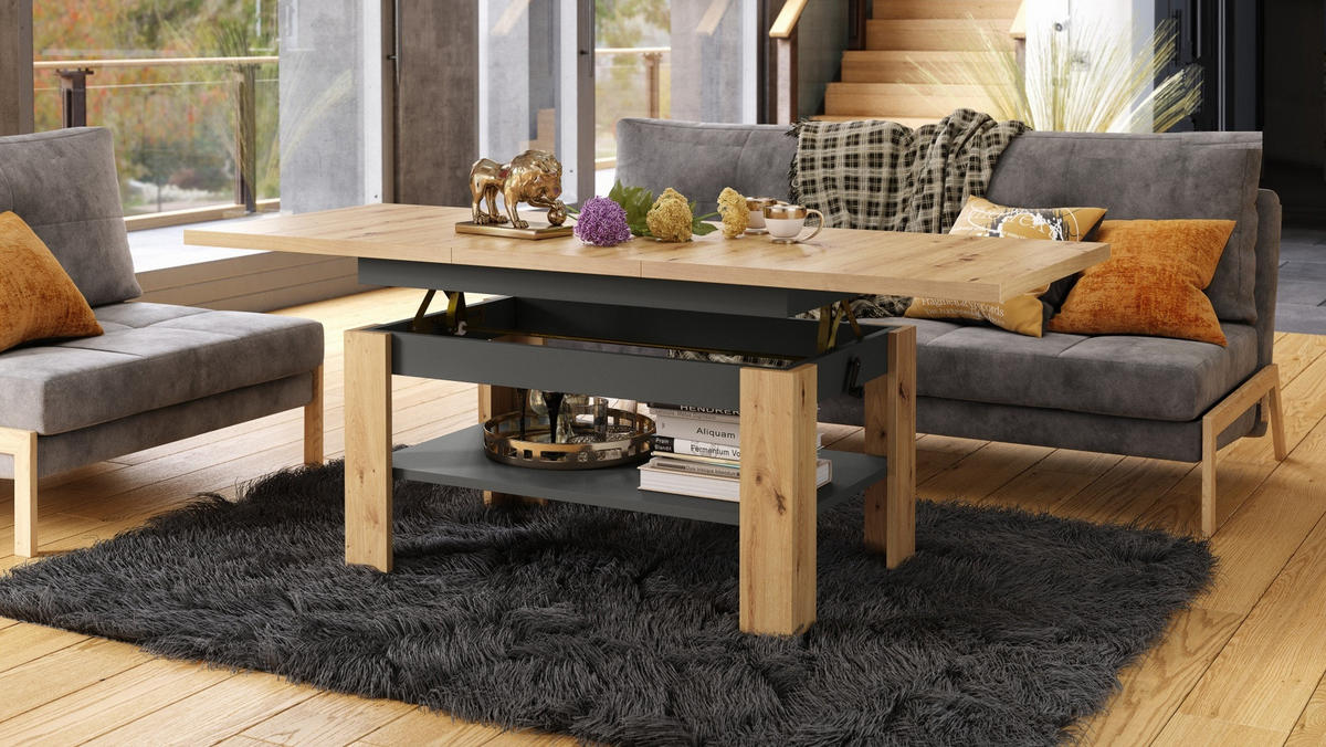 COUCHTISCH rechteckig Eiche Artisan - Anthrazit ausziehbar höhenverstellbar - Anthrazit/Eiche Artisan, Holzwerkstoff (65/130/58cm) - designimpex