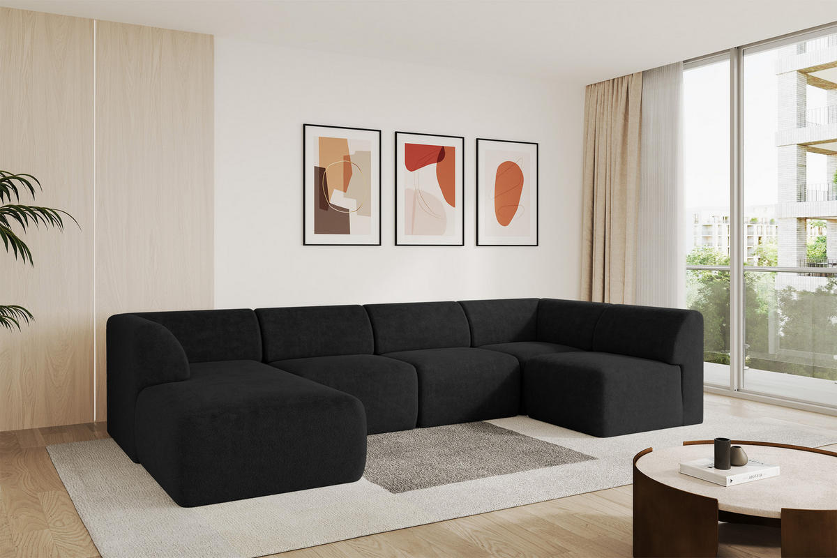 WOHNLANDSCHAFT Ottomane Links MOVO-L 345x180x78 cm Schwarz Tissu - Schwarz Hochglanz, Holzwerkstoff/Kunststoff (345/78/180cm) - ALTDECOR