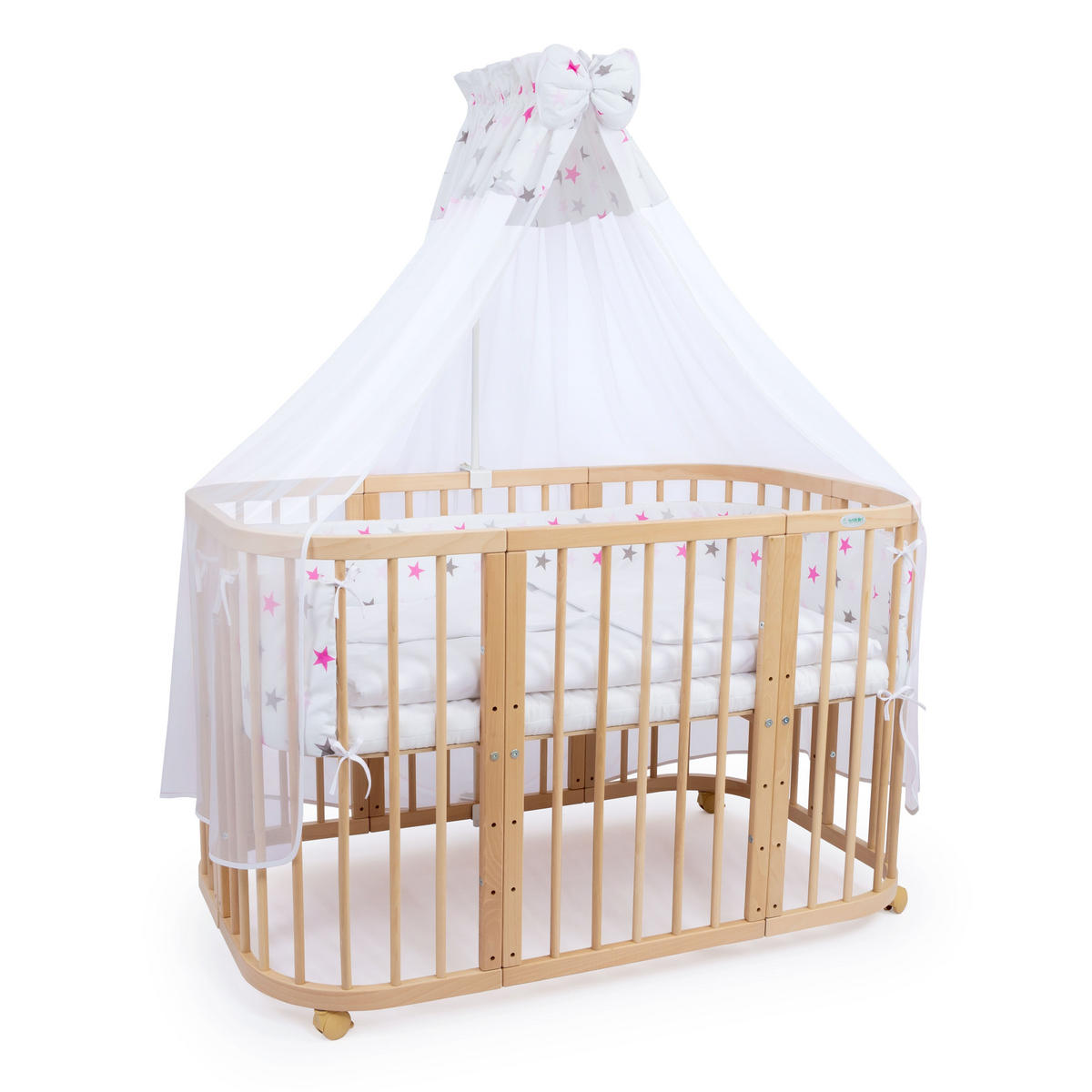 BABYBETT NATUR, 7in1 mit Matratze - Pink/Naturfarben, Holz (73/123cm) - waldin