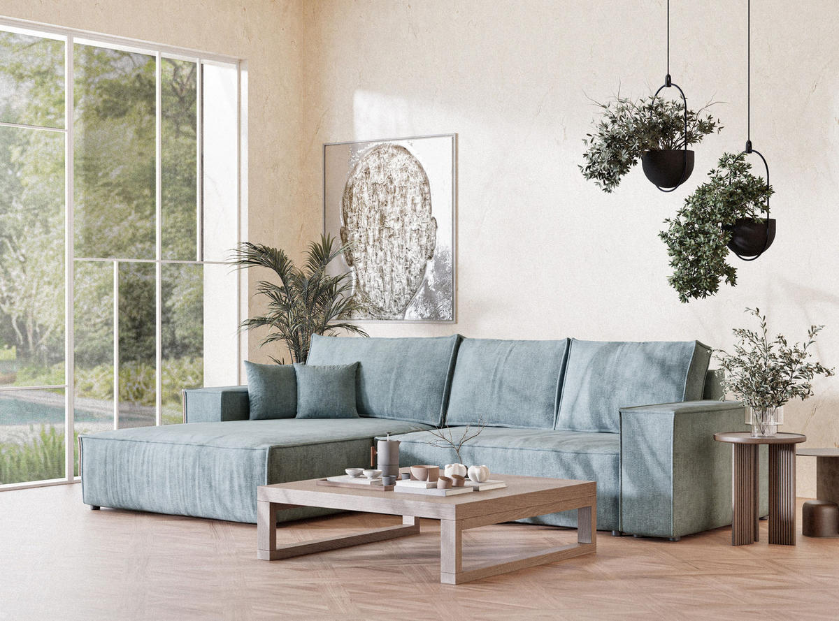 ECKSOFA Maze Hellblau Chenille-Stoff - Links Seite - Schwarz/Hellblau, Holz/Holzwerkstoff (185/294cm) - Maison de Reve