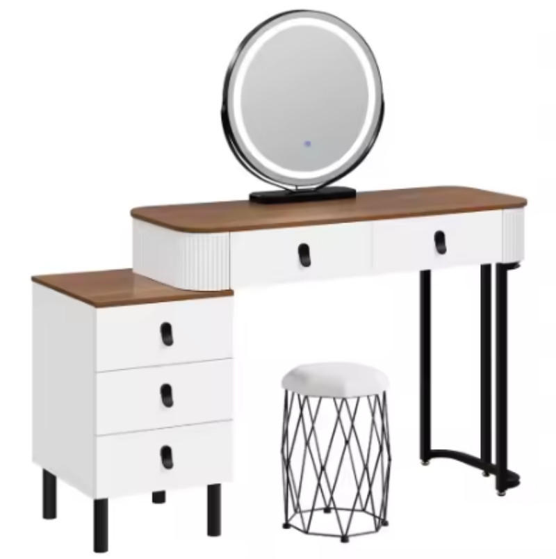SCHMINKTISCH mit verstellbarem runden LED-Spiegel / 5 Schubladen / gepolstertem Hocker - Braun, Glas (125/100/40cm) - Vallsero