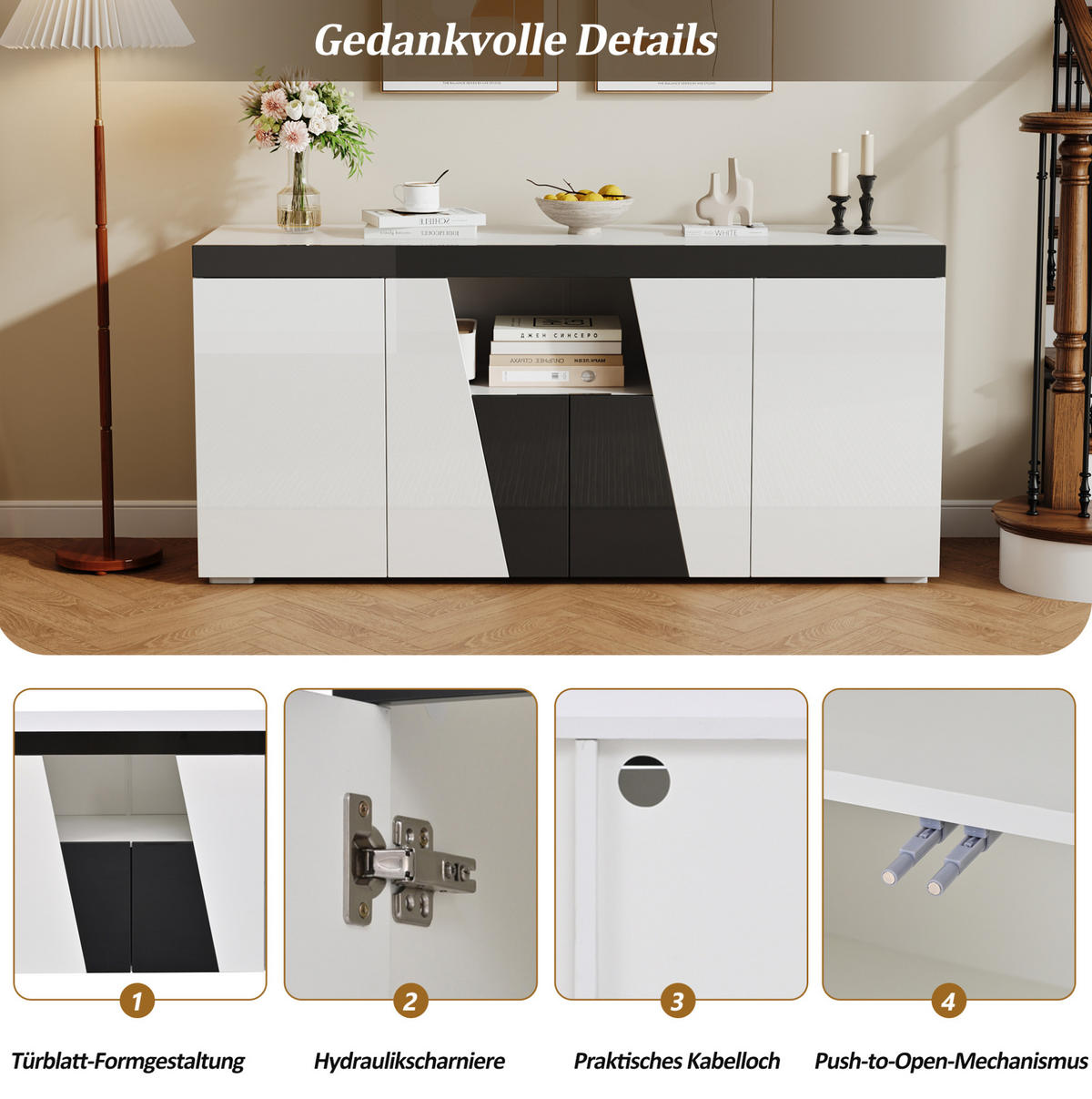 SIDEBOARD aus Spanplatte 140x40x65 cm Weiß/Schwarz mit LED-Beleuchtung und 4 Türen - Weiß, Holzwerkstoff (140/65/40cm) - IVMEU